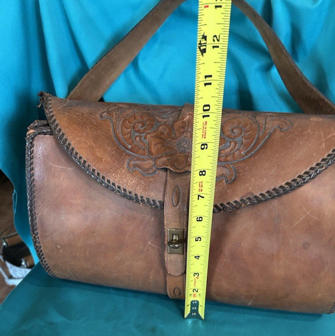 Vtg 1940s Hand Tooled Leather Western Style Travel Luggage Valise Bag X Large
