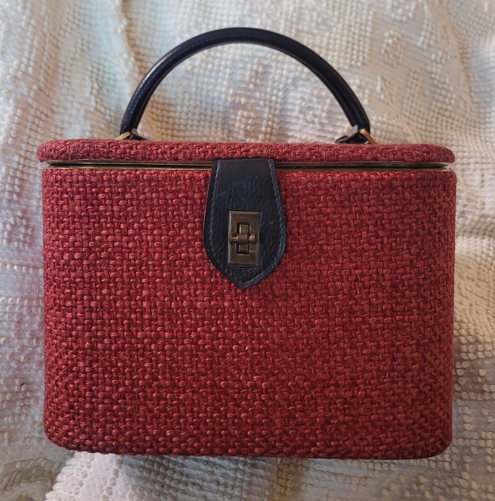 Vintage 60s Red Tweed Train Case Cosmetic Mirror READ Mod Top Handle