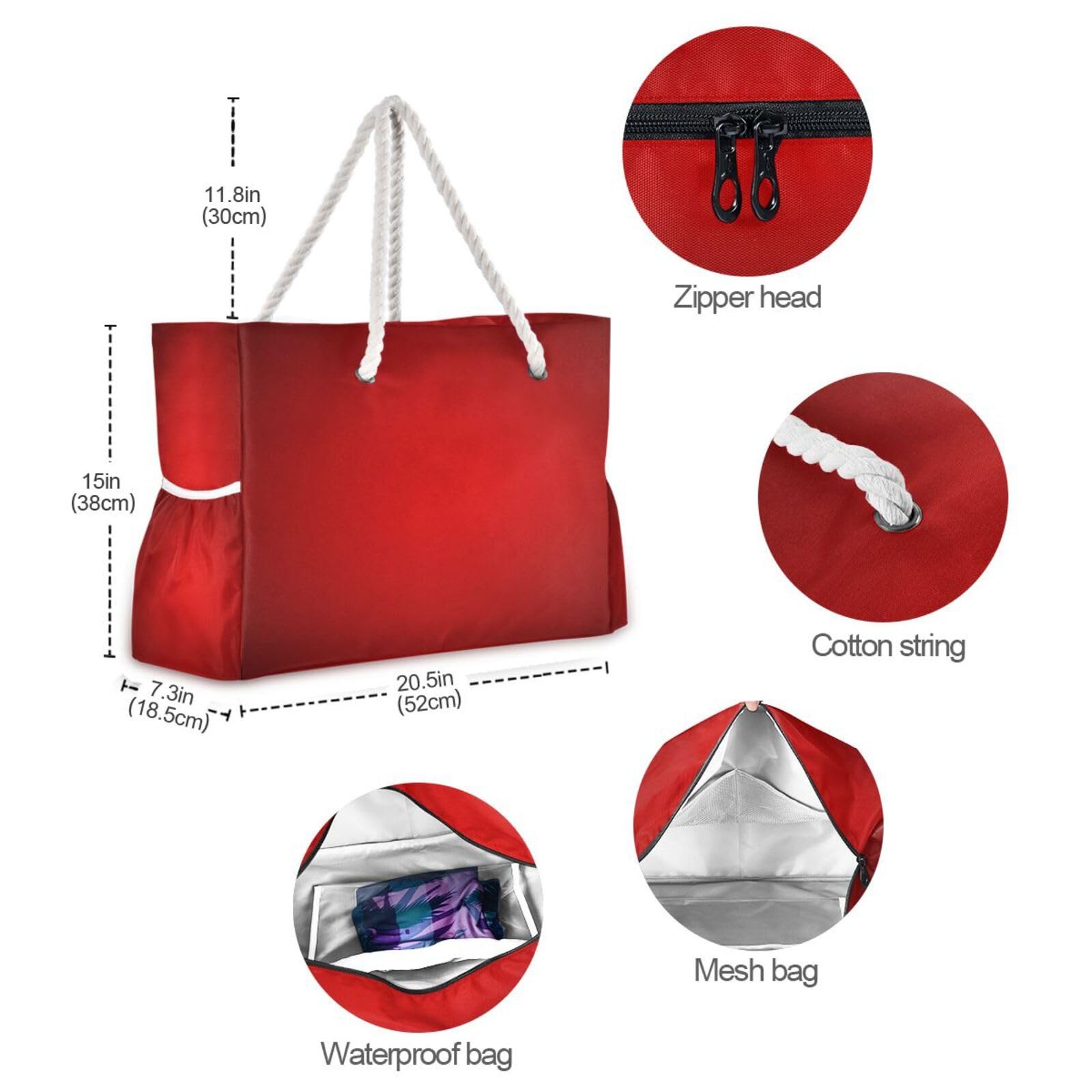ATTX Red Large Beach Bag for Women – Zipper & Waterproof Sandproof Tote