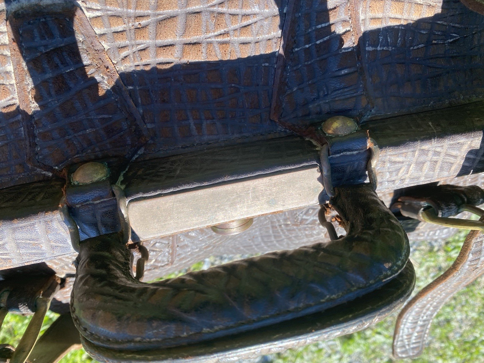 Antique Morris Traveling Goods Walrus Hide Leather Suitcase Brass Lock Vintage