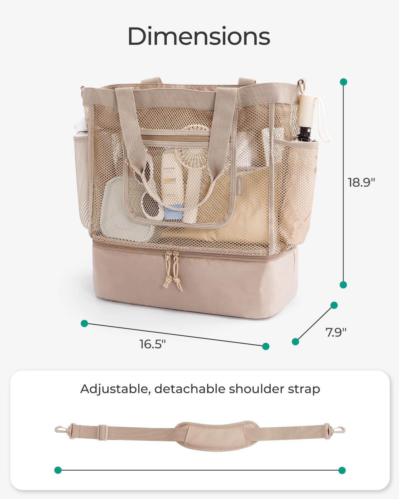 Bagsmart Beach Bag For Women Mesh Tote Bags Zipper Sandproof Vacation
