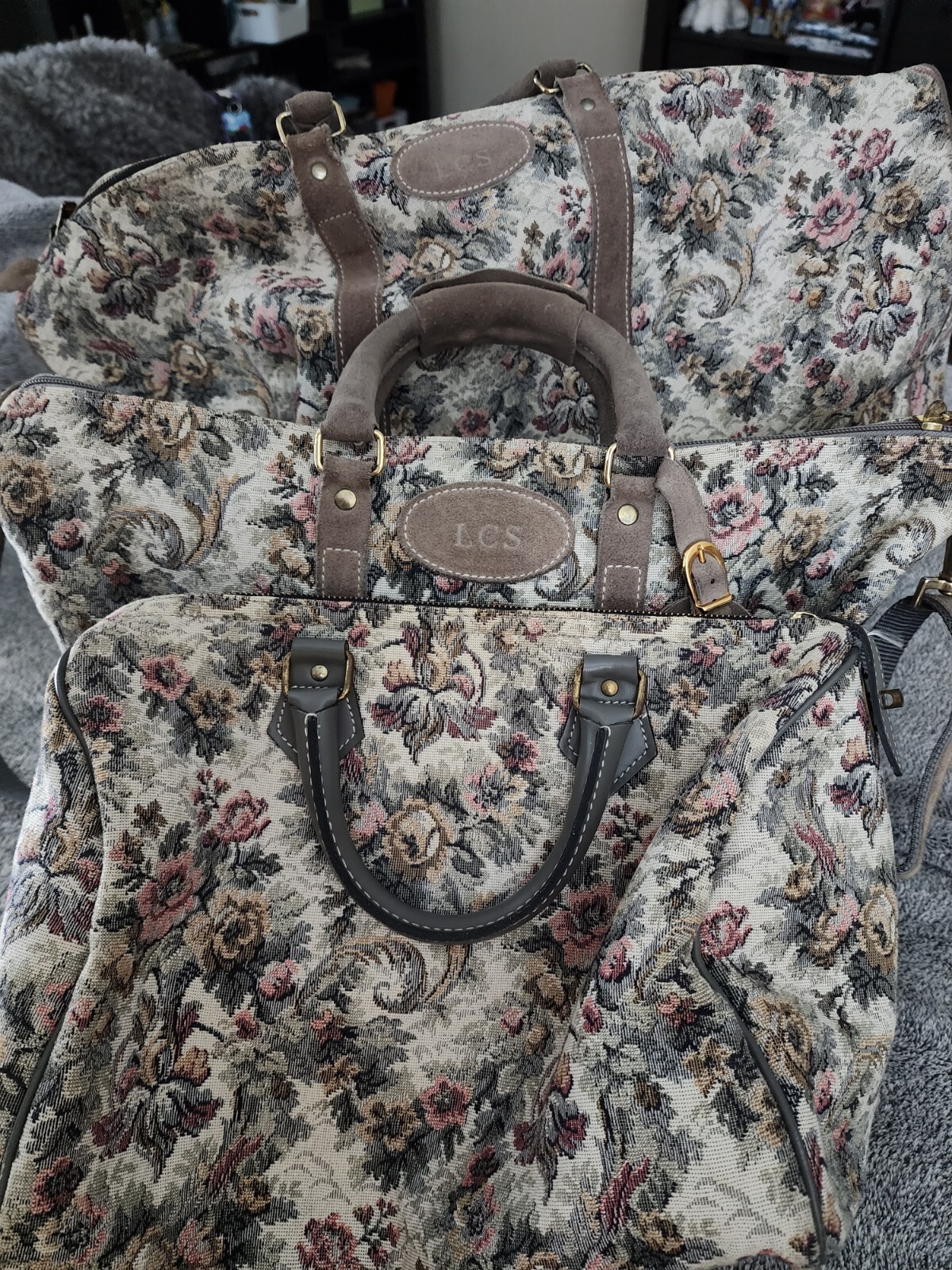 Vintage French Luggage Company 3pcs set “Grey Rose” Suede and Tapestry