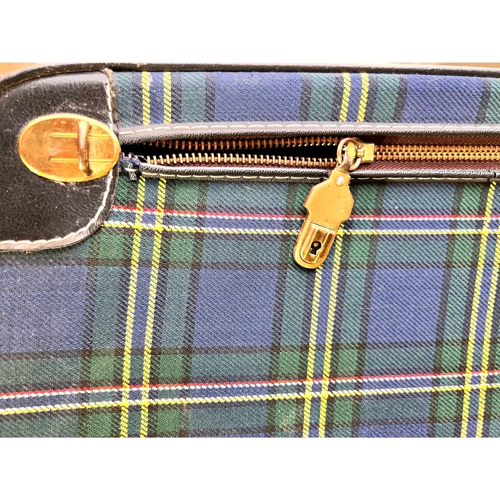 Vintage Leeds Plaid Suitcase Blue Green Soft Sided Luggage Retro Travel Bag