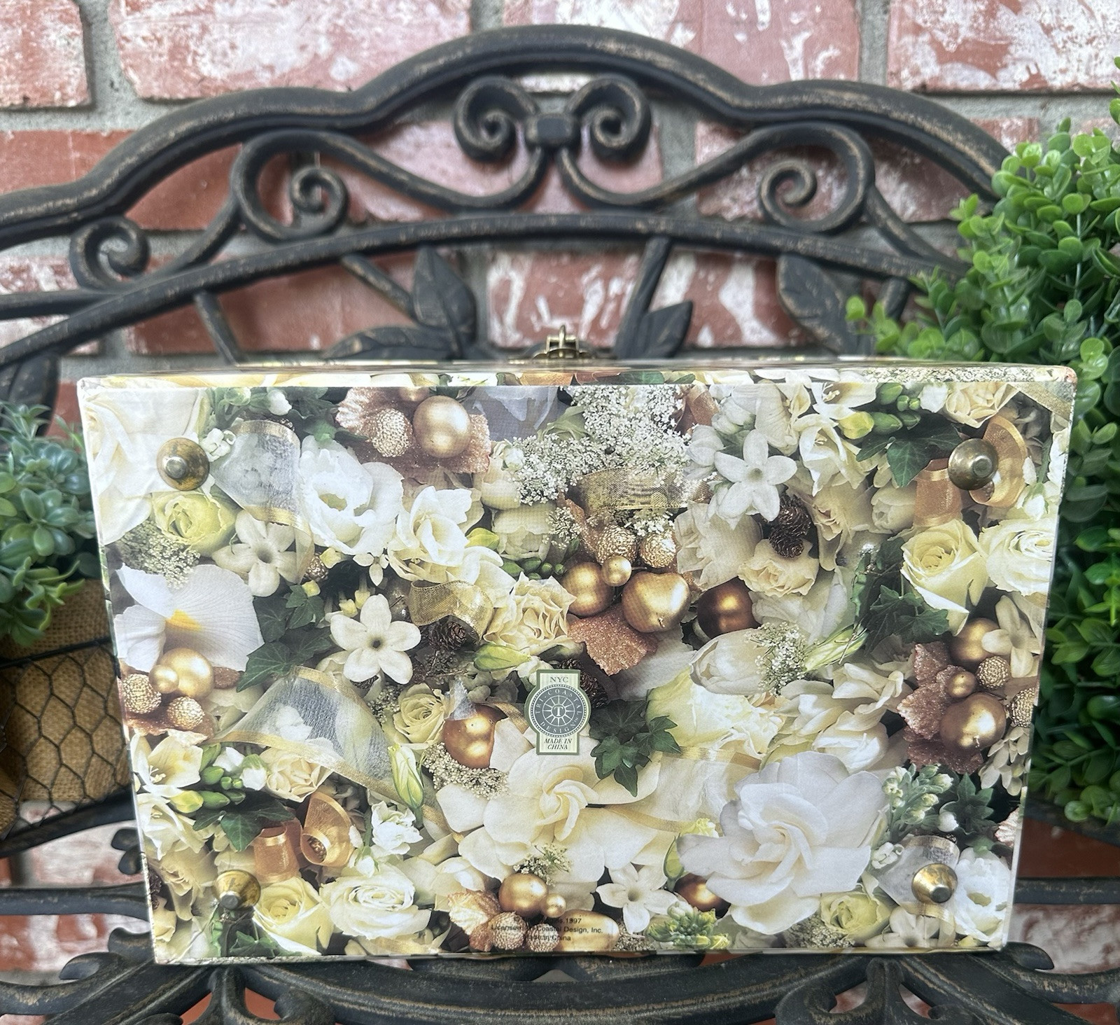 Vintage Tri-Coastal Design Jewelry Travel Train Case; Brwn/Cream Floral W/Mirror
