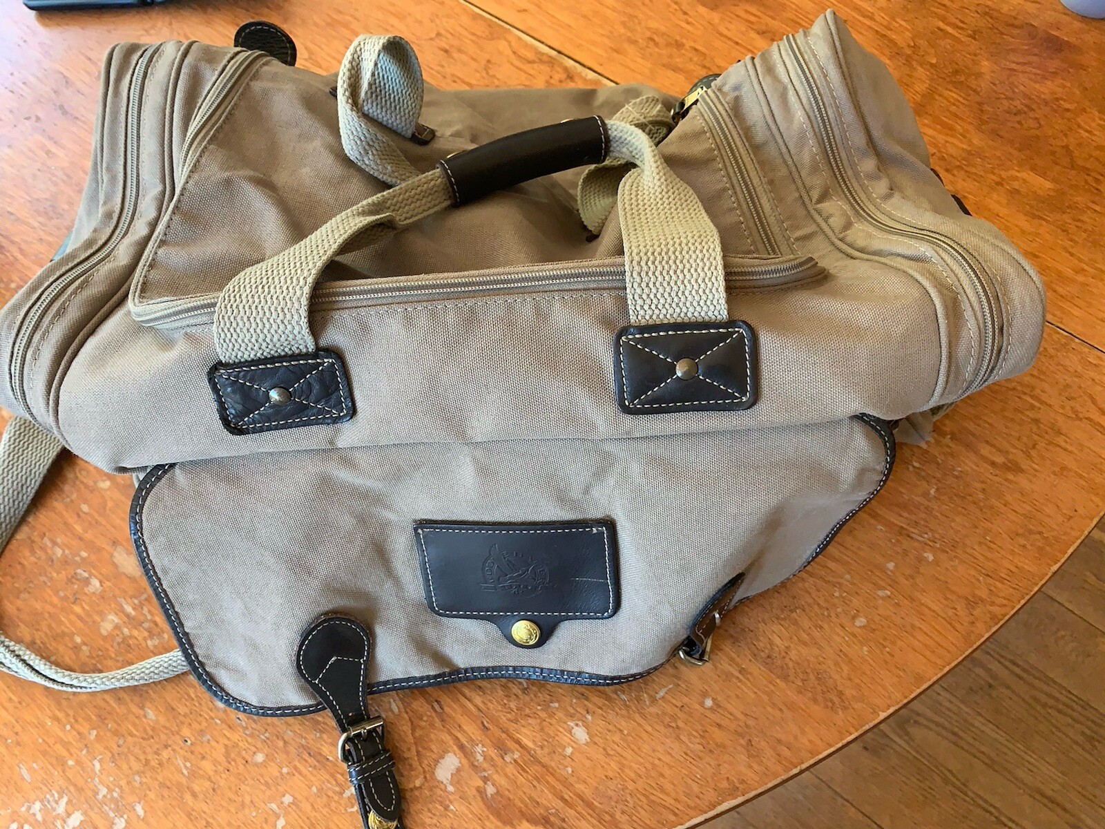 Vtg Eddie Bauer Ford Duffle Bag Tan Khaki Canvas Leather USA