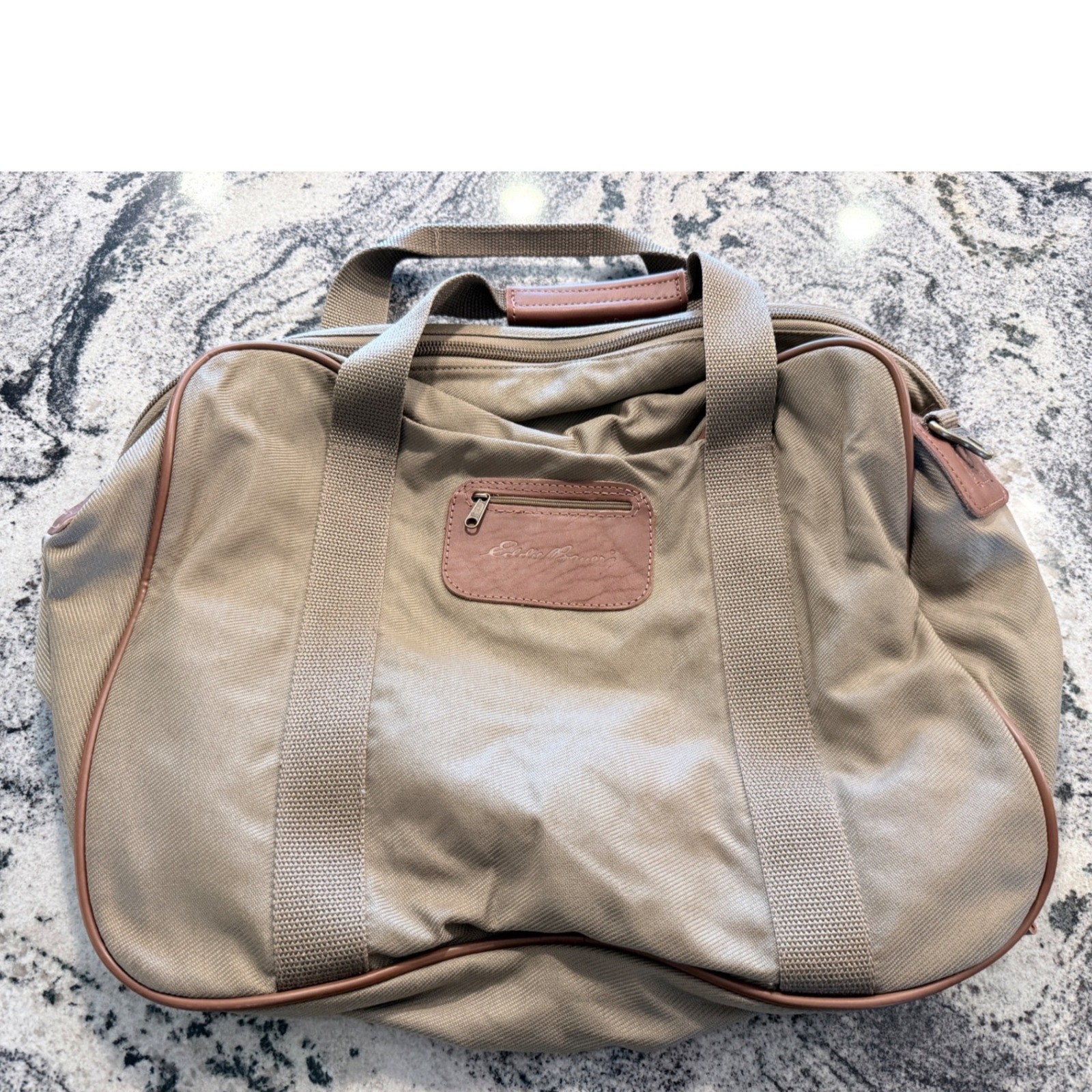 Eddie Bauer Vintage Canvas Leather Trim Duffle Bag Tan Weekend Travel Carry On