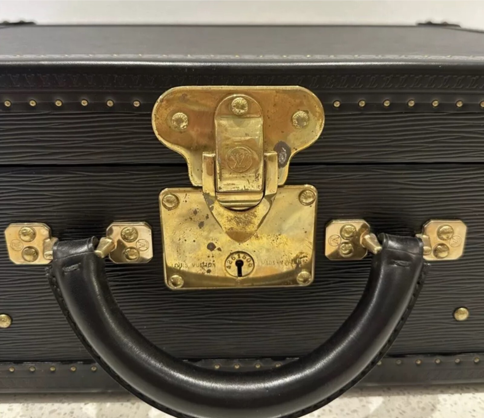 1980s Louis Vuitton Bisten Black Epi Leather Luggage Trunk