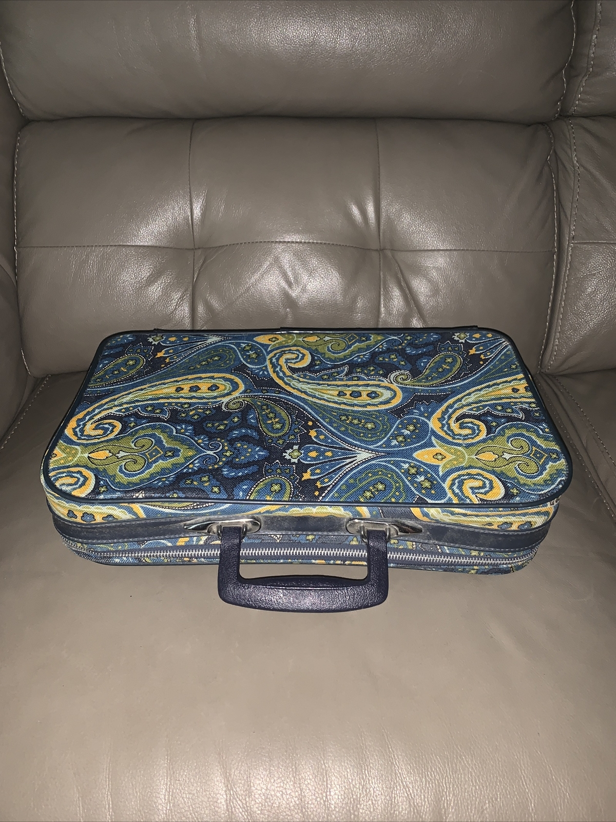 Vintage 1970s Blue & Yellow Starry Nightish Carry-on Suitcase 15x10x4″