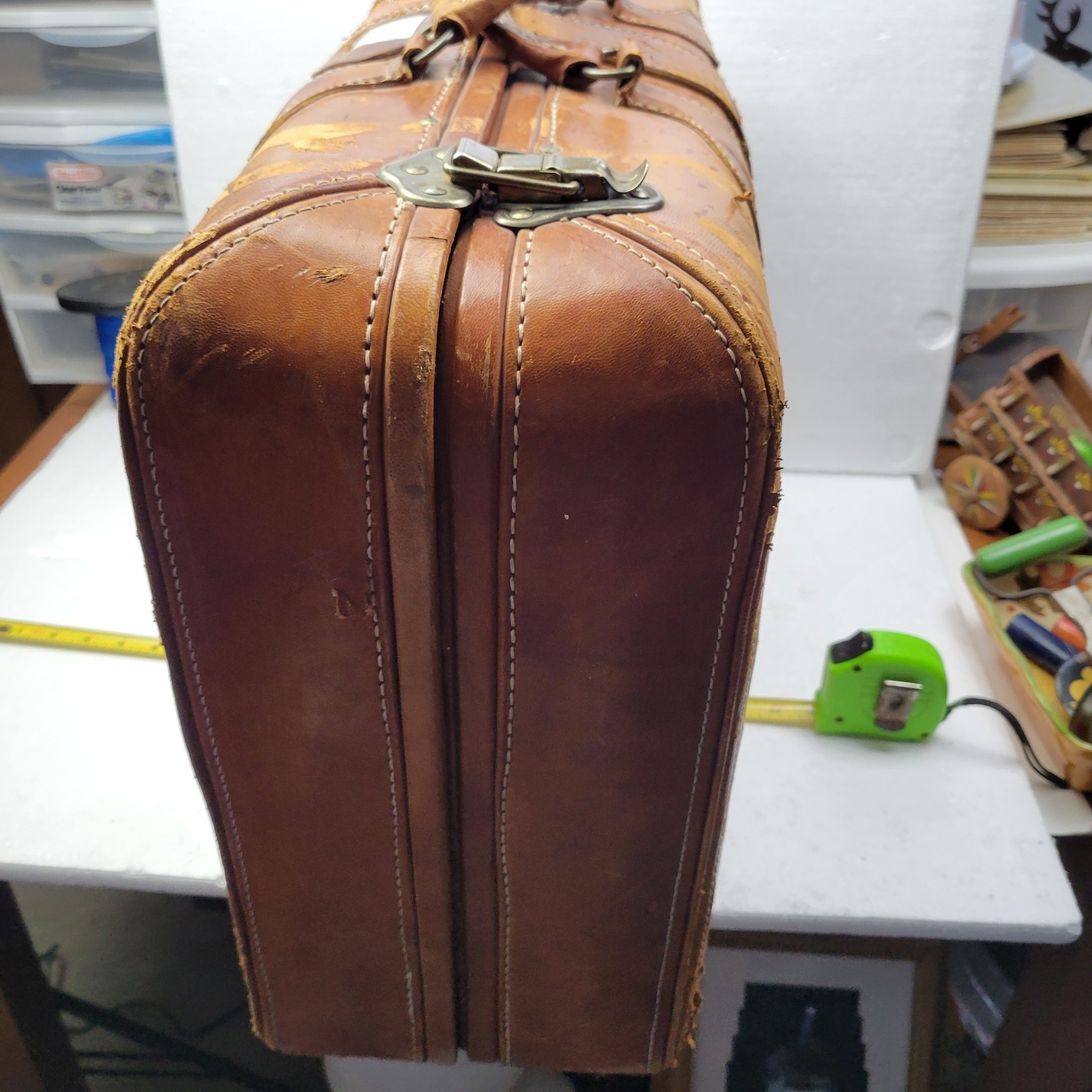 Vintage Shabby Distressed Mid Century Leather Briefcase Suitcase Luggage Display