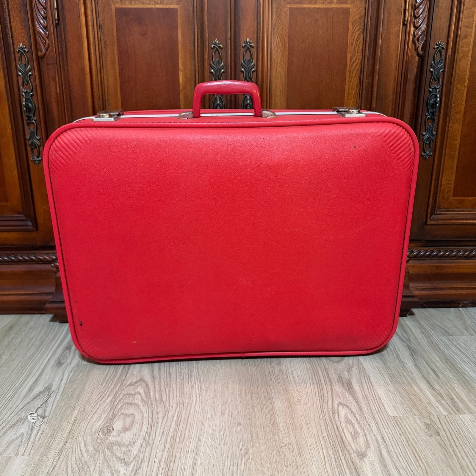 Vintage SMS Red Hardside Suitcase Large 1960s 1970s Made in England