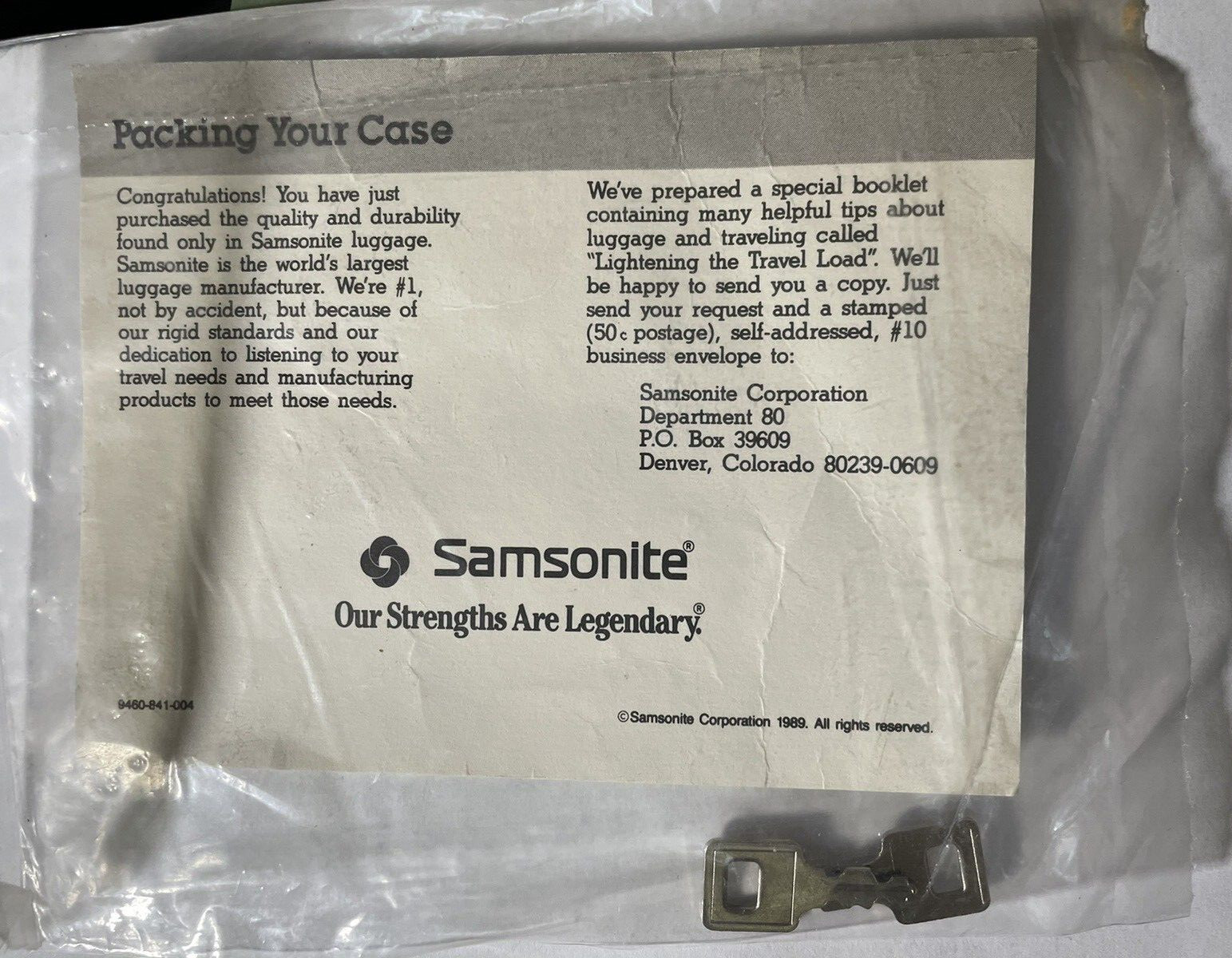Vintage Samsonite Luggage Set of 2 keys 1989 Sealed NOS Instructions No luggage