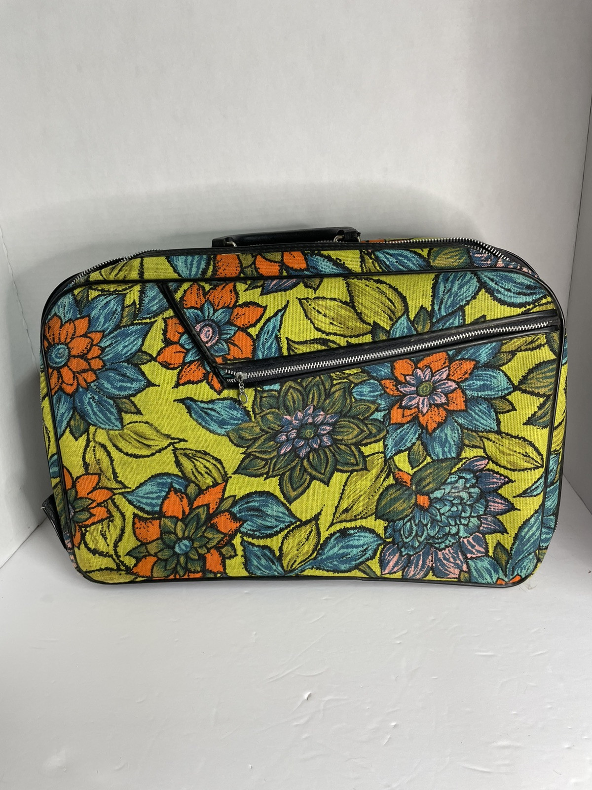 Vintage Suitcase Bantam Flower Luggage Canvas Lock Zipper 1960s 16×11” Retro