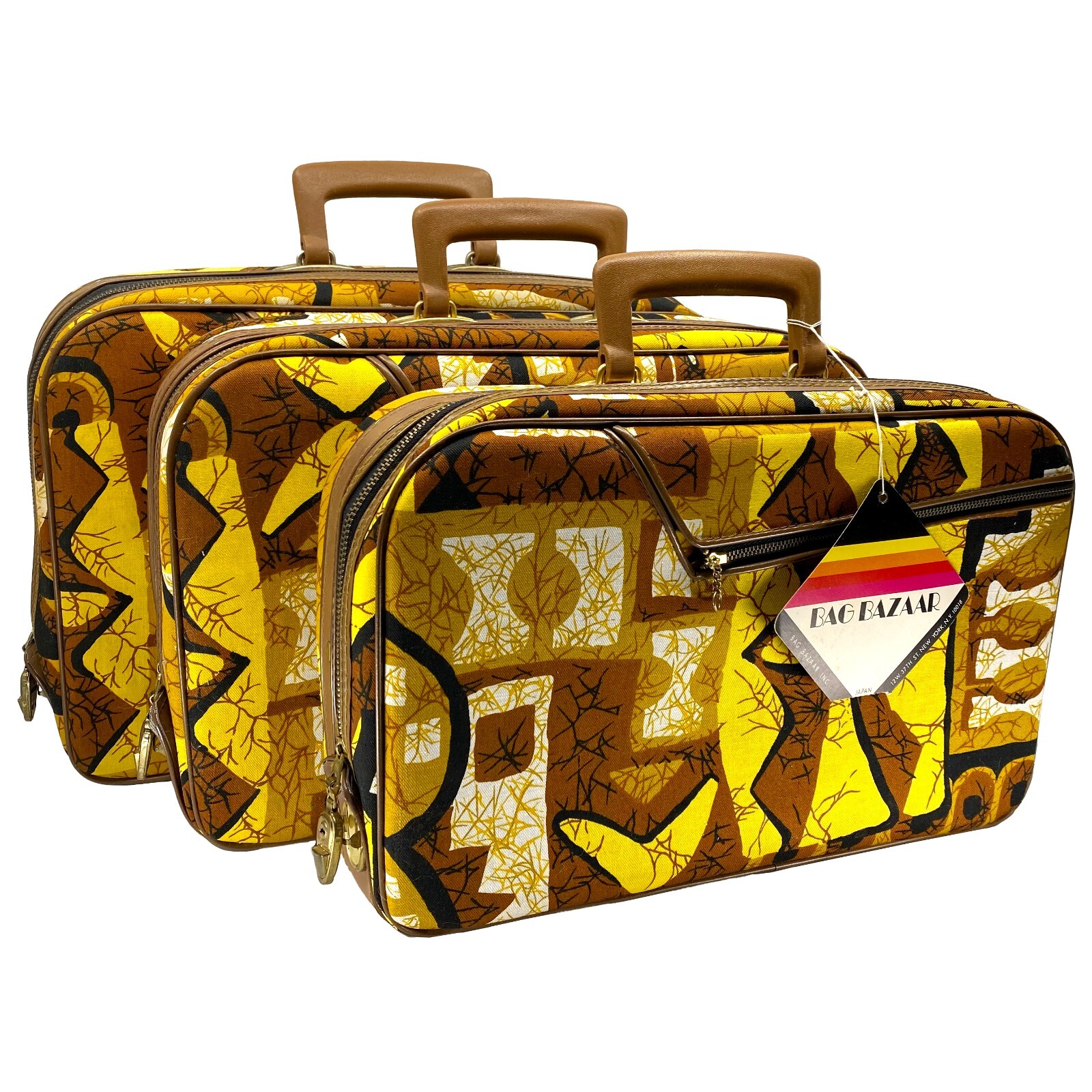 Vintage 1960 Abstract Mod Fabric 3 pc Travel Luggage Suitcase Japan Bag Bazaar
