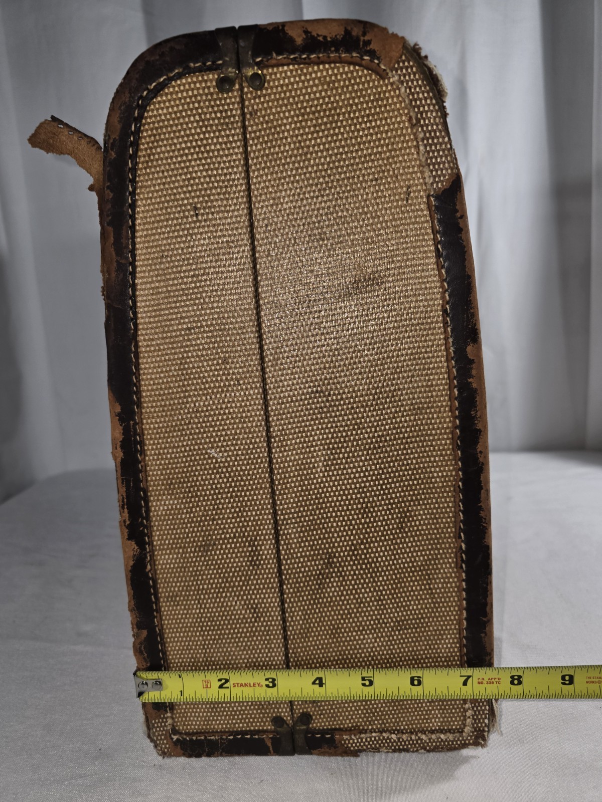 Vintage 1940s Tweed Suitcase Luggage Woven Canvas Plaid Lining Leather Handle
