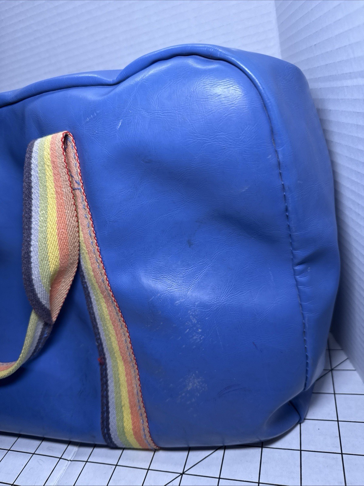 Vintage 1983 Care Bears Blue Vinyl Duffel Travel Bag Rainbow Straps Moon Graphic