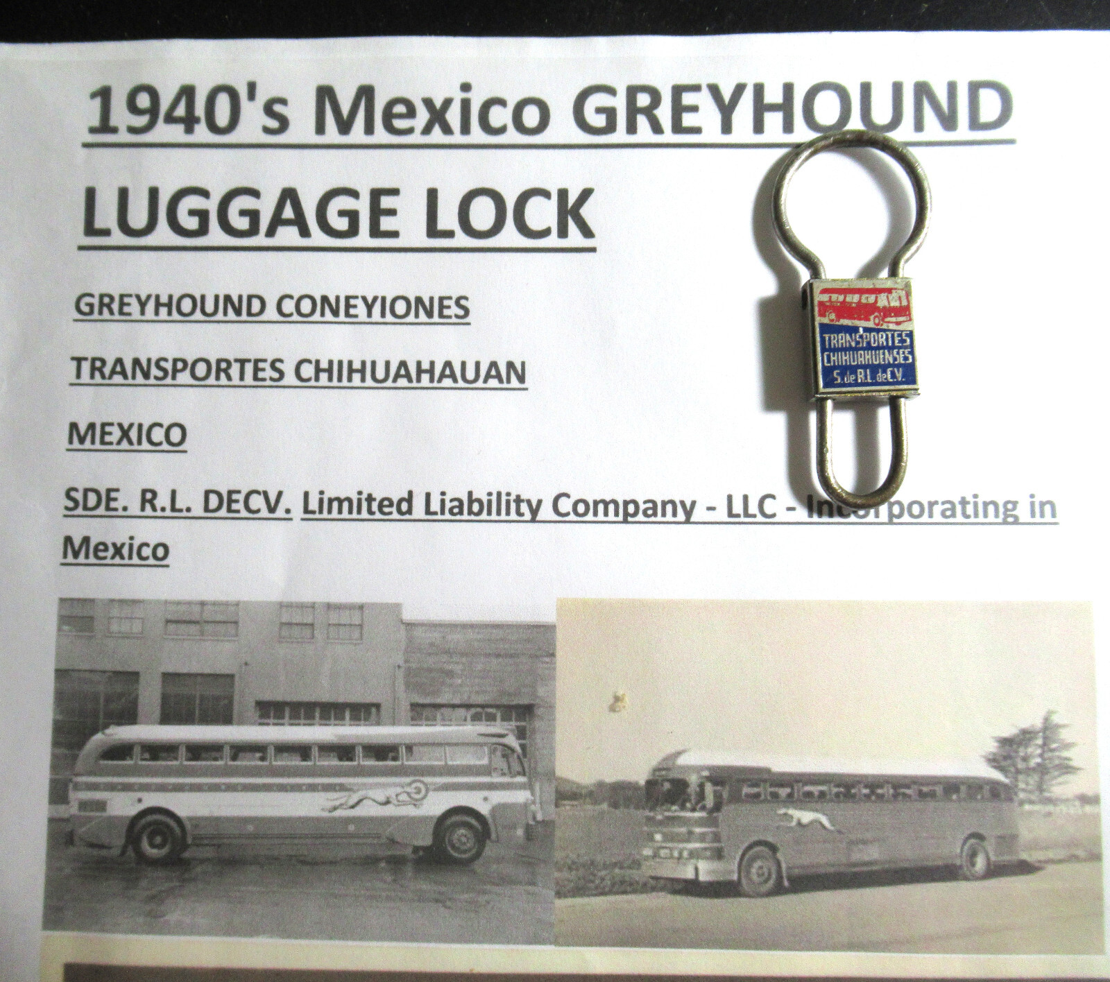 Greyhound Luggage Lock MEXICO 1940’S