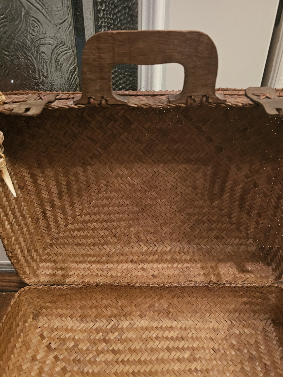 Antique Rattan Travel Case W/Leather & Animal Tooth Closure, Carved Wood Handles