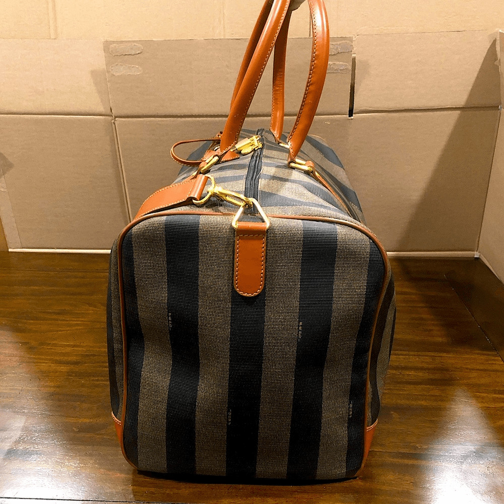 FENDI Pequin Pecan Striped Bandolier Boston Travel Bag w FENDI Shoulder Strap