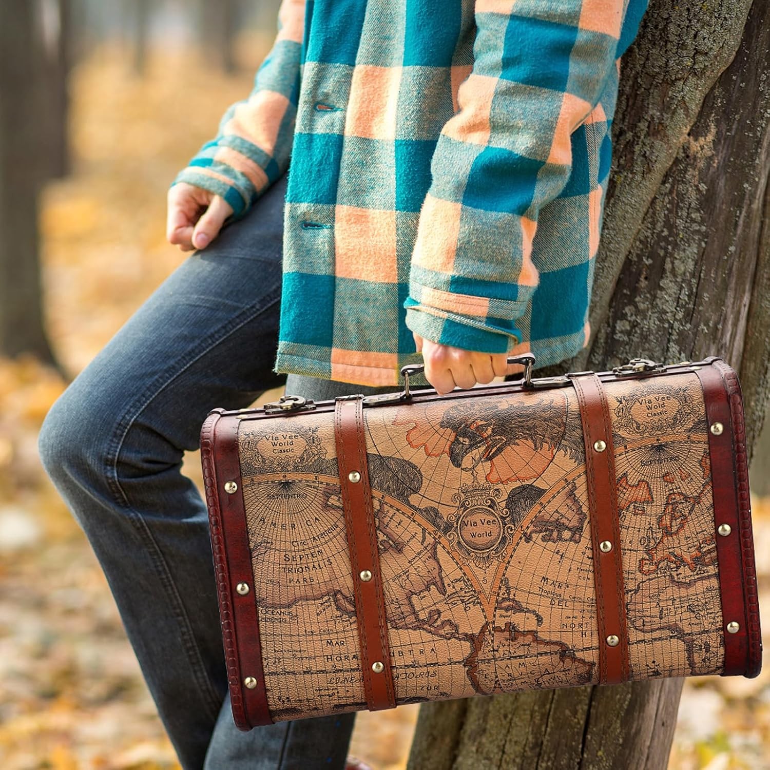 ELLDOO Vintage Wooden Storage Chest, Portable Decorative Luggage Suitcase, Treas