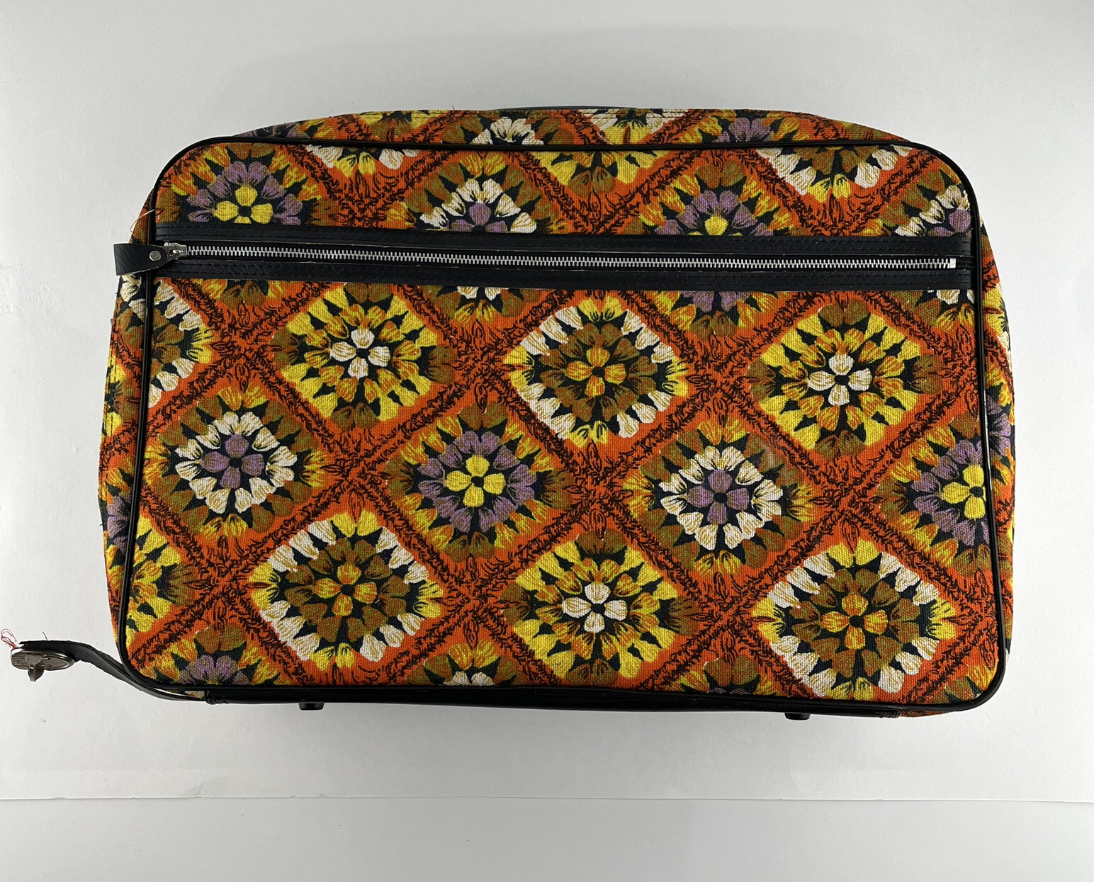 VTG Suitcase Luggage Bantam 70’s Key Travel Fabric Floral Bag Hippie Mod Diamond