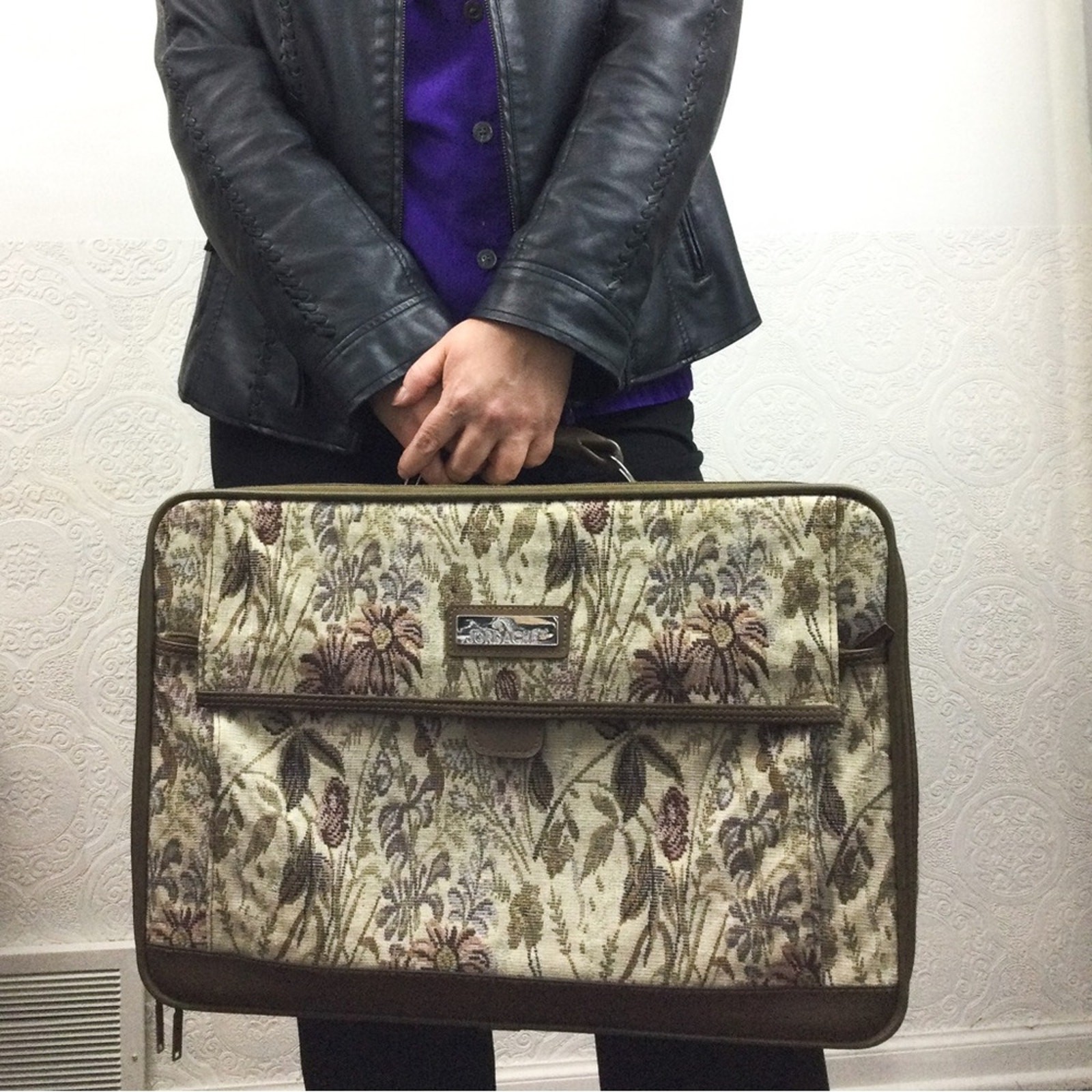 Vintage Jordache floral tapestry carpet luggage suitcase carry on travel bag