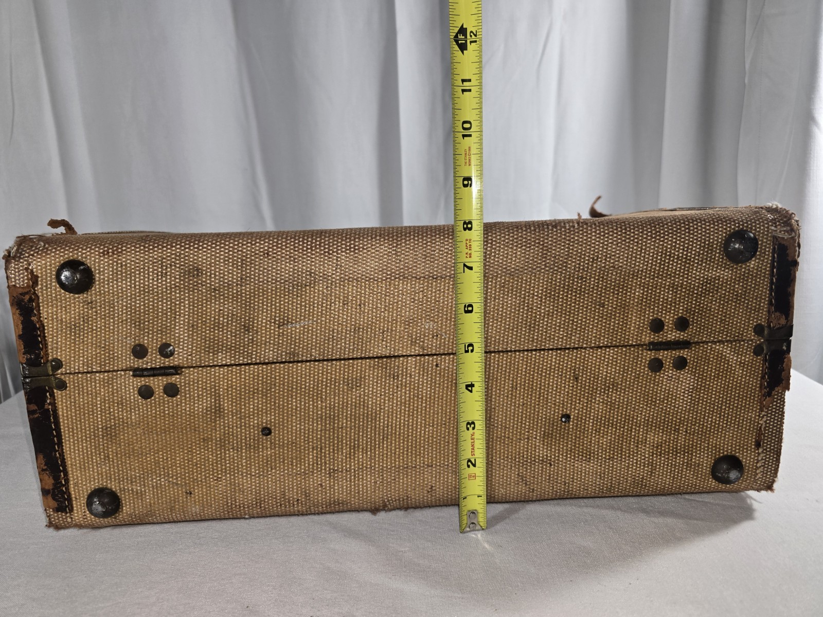 Vintage 1940s Tweed Suitcase Luggage Woven Canvas Plaid Lining Leather Handle
