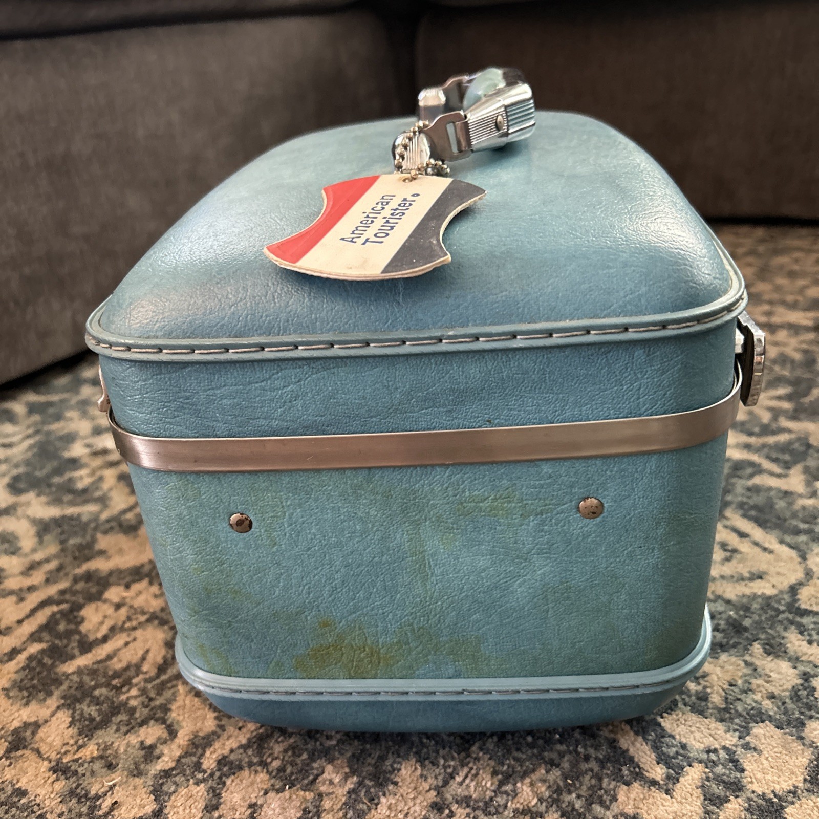 Vintage American Tourister Escort Blue Train Case Mid Century Hard Shell w Tray