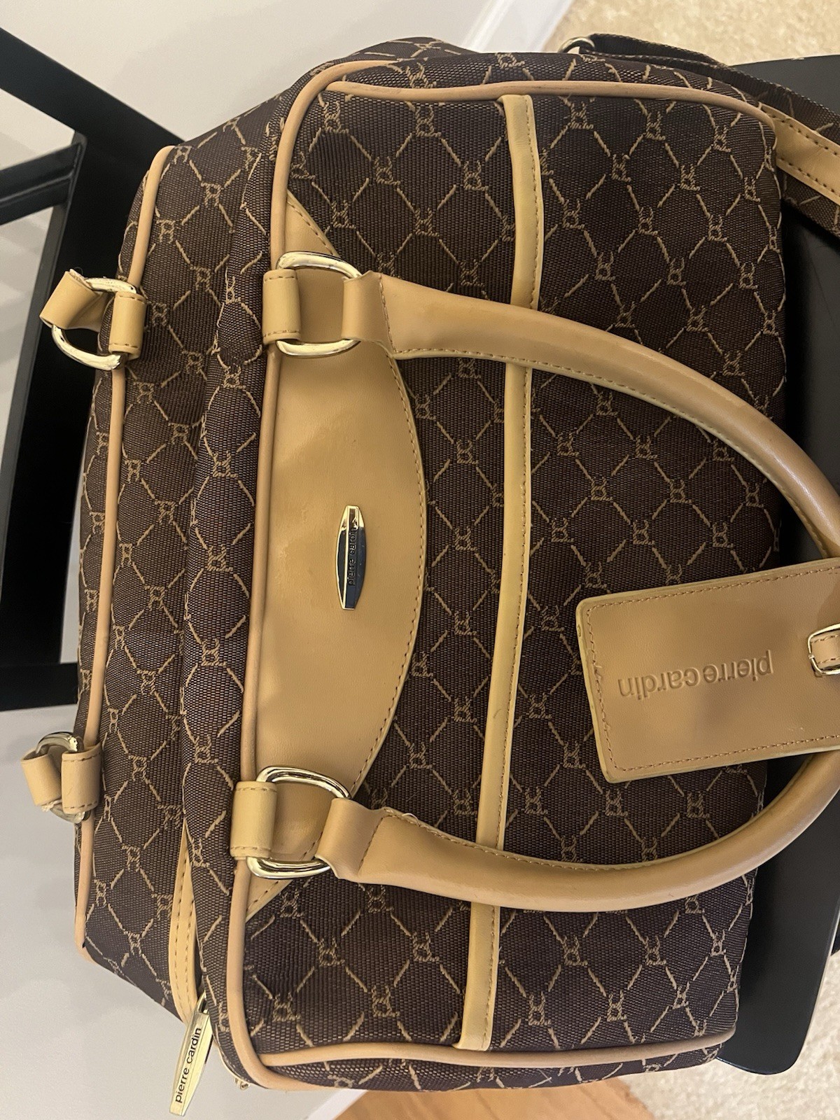 Vintage Pierre Cardin Brown & Tan Travel Bag with Shoulder Strap and Handle