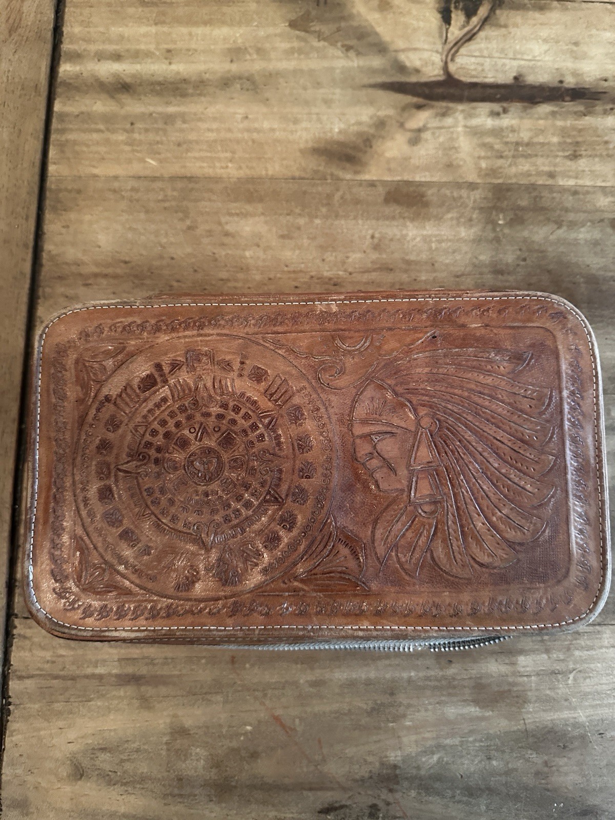 True Vintage Hand Tooled Zipper Leather Train Case Cosmetic Bag