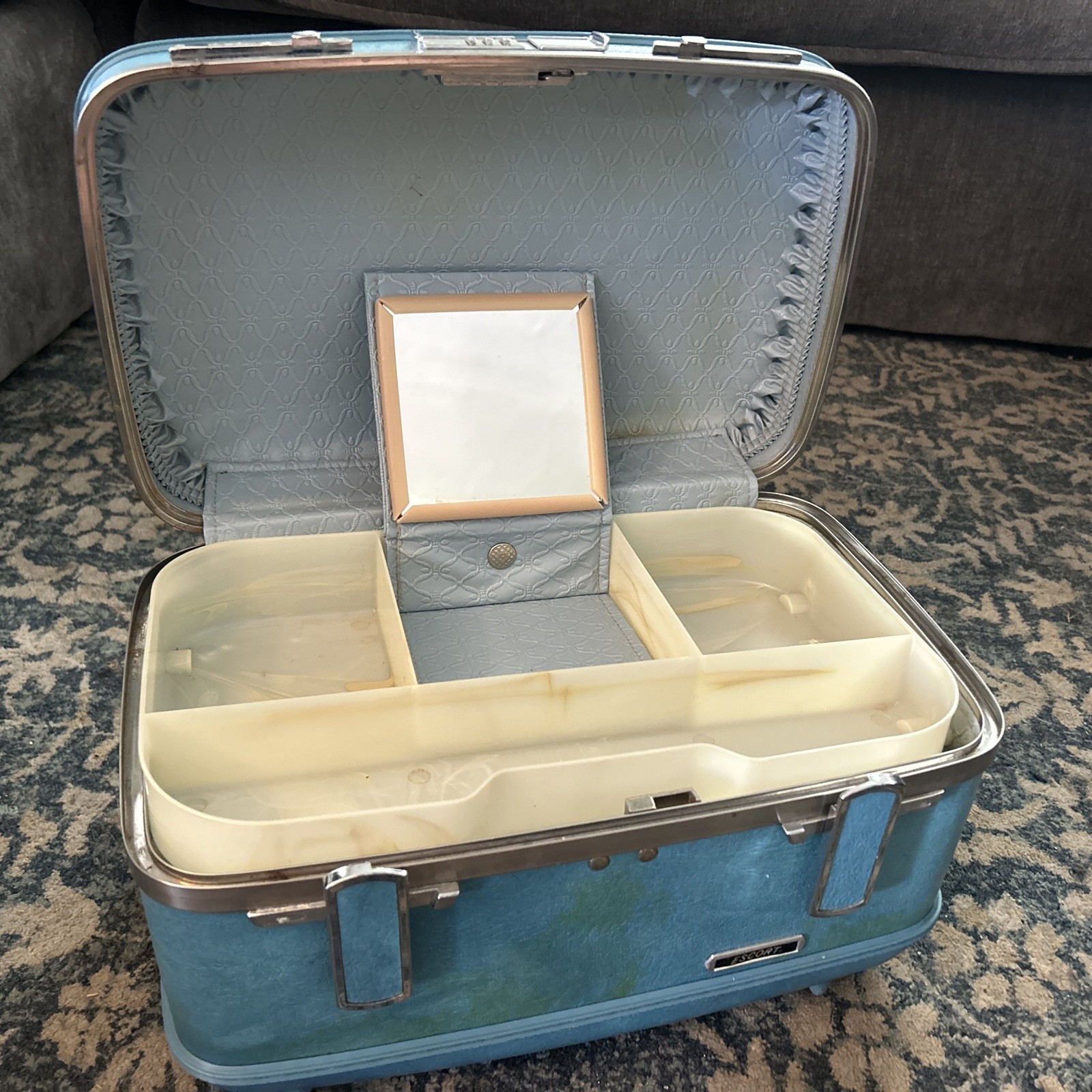 Vintage American Tourister Escort Blue Train Case Mid Century Hard Shell w Tray