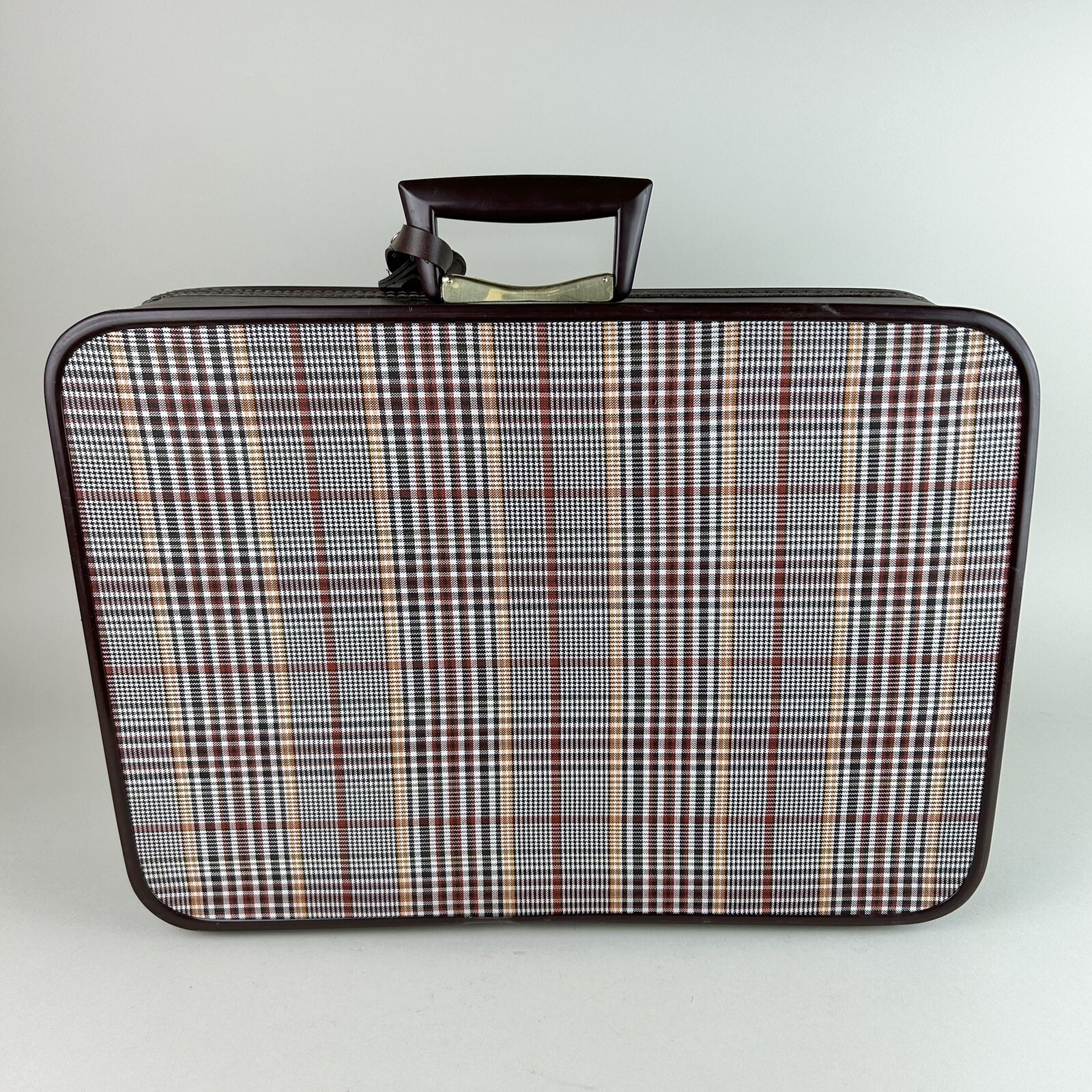 RARE Vintage Monarch Suitcase WITH KEY Faux Leather Brown Plaid Design Zipper