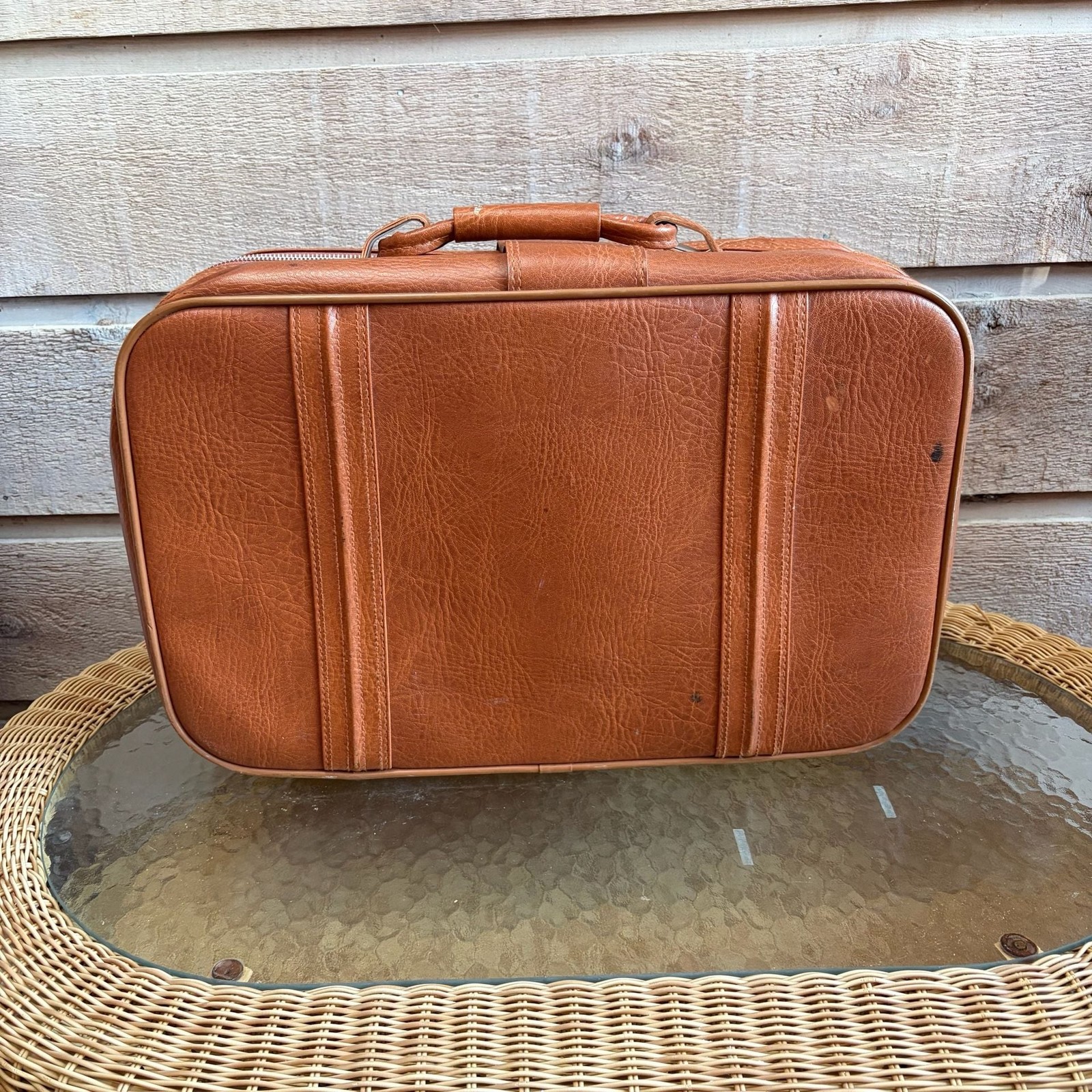 Vintage 1970s New Vista Brown Faux Leather Suitcase with Buckle Detail