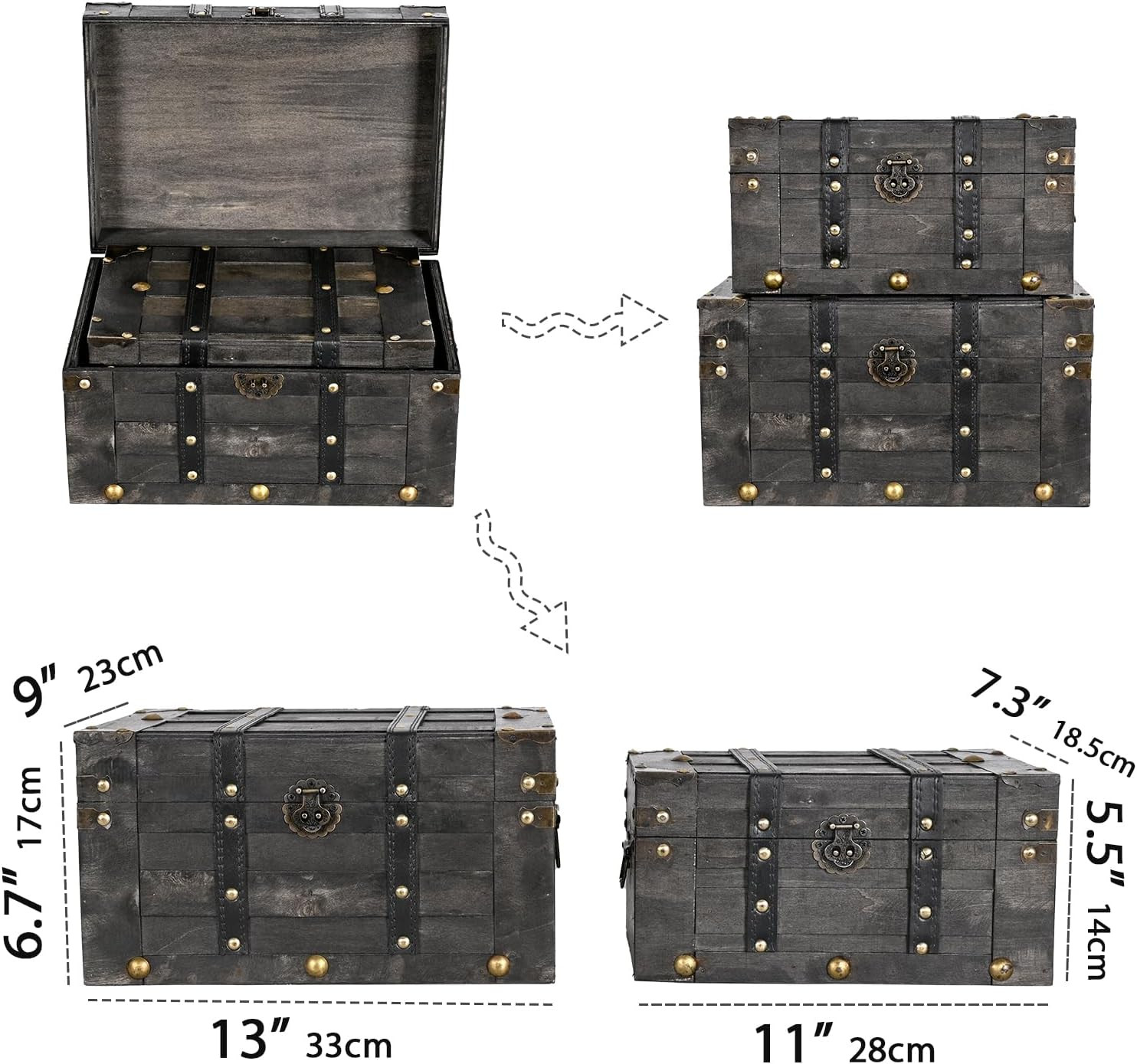 Wooden Vintage Luggage Trunks Set of 2, Decorative Antique Suitcase Storage Boxe