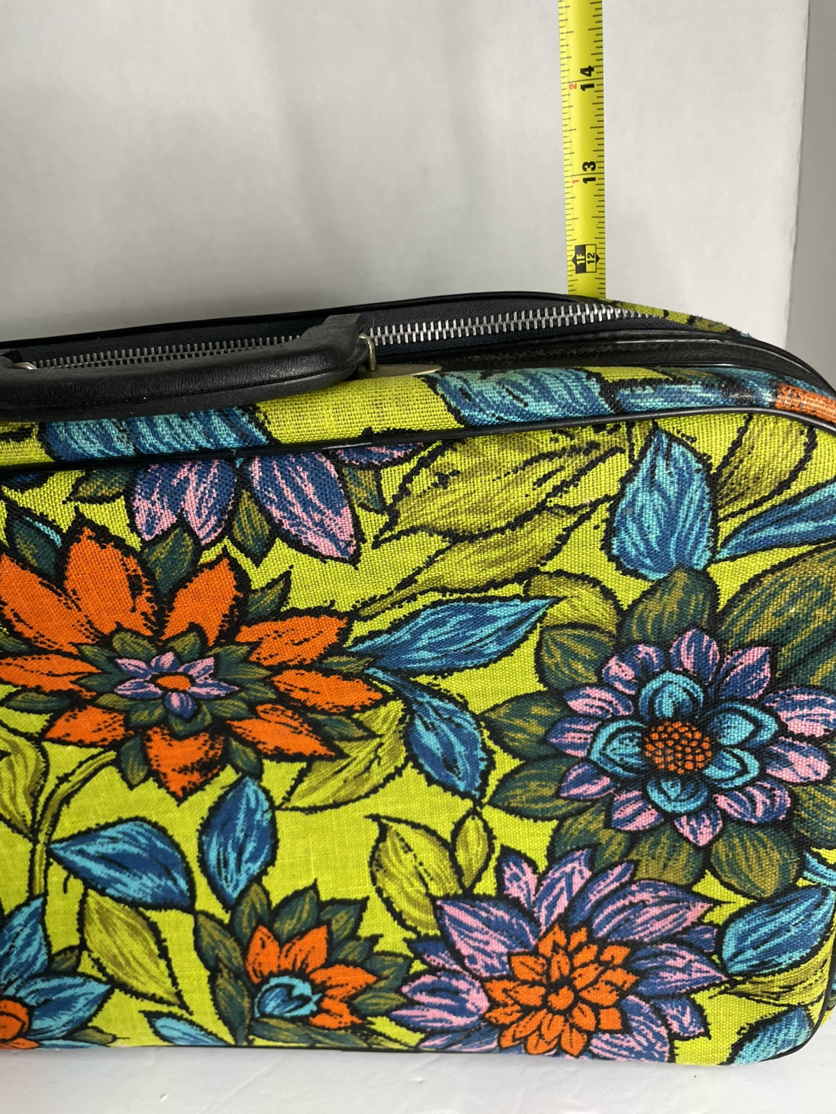 Vintage Suitcase Bantam Flower Luggage Canvas Lock Zipper 1960s 16×11” Retro