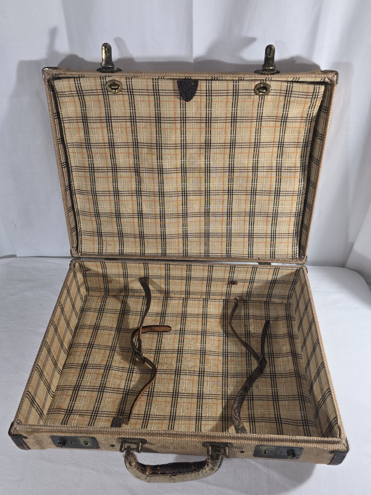 Vintage 1940s Tweed Suitcase Luggage Woven Canvas Plaid Lining Leather Handle