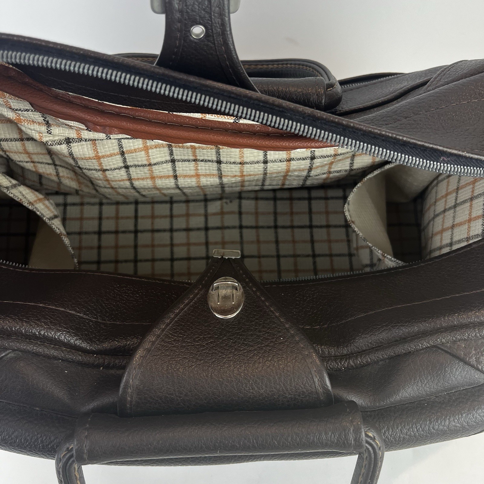 VTG 1970’s American Tourister Brown Leather Tiara Weekender with Plaid Interior