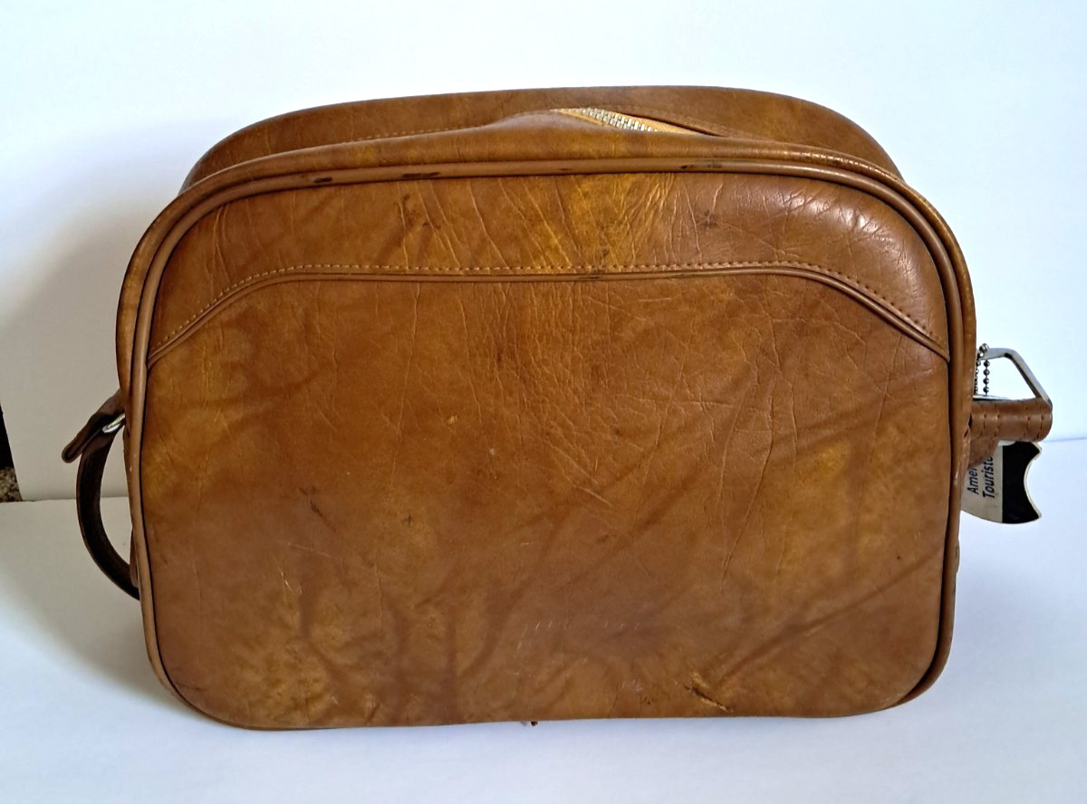 Vintage American Tourister Brown Faux Leather Carry On Tote Travel Bag