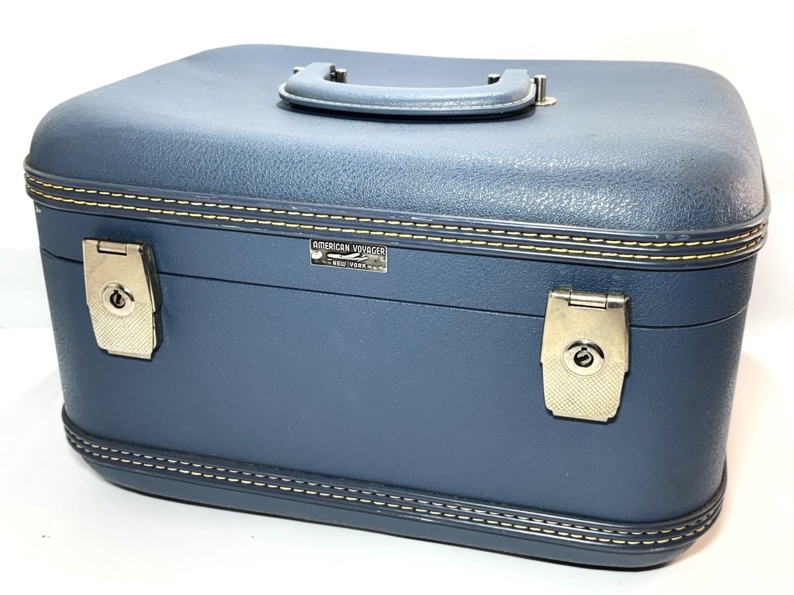 1950s Vintage American Voyager Luggage Travel Train Makeup Case Blue 13.5x10x9″