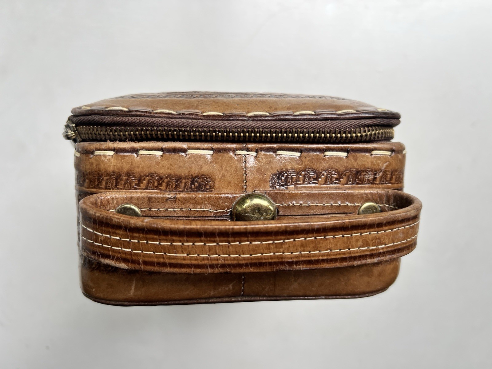 Antique Vintage 1930s Tooled Leather Toiletry Bag Great Condition Tiki Men Box
