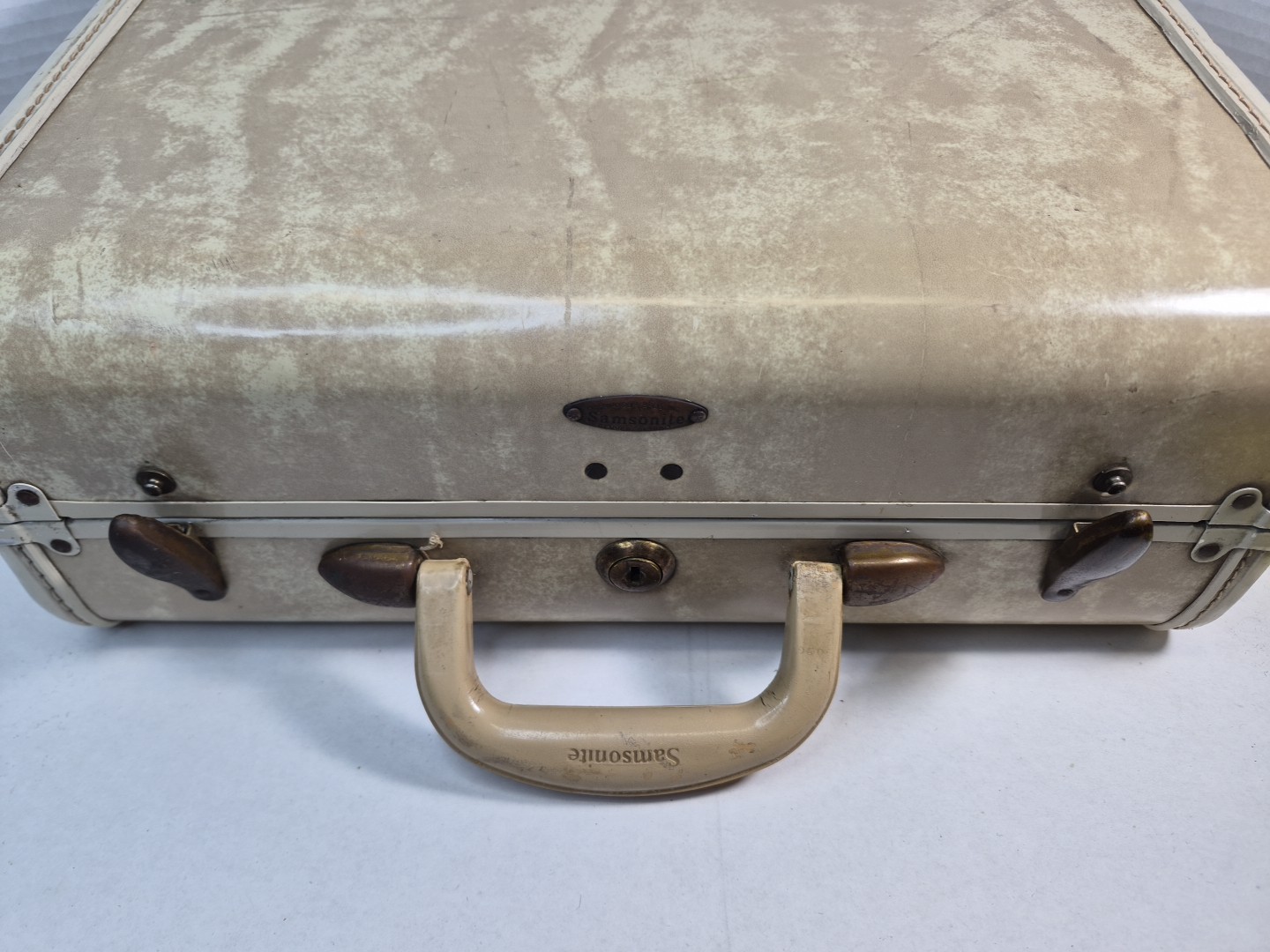VTG 1950s Samsonite Shwayder Marble Cream Vanity Hardcase Luggage W/ Mirror Key