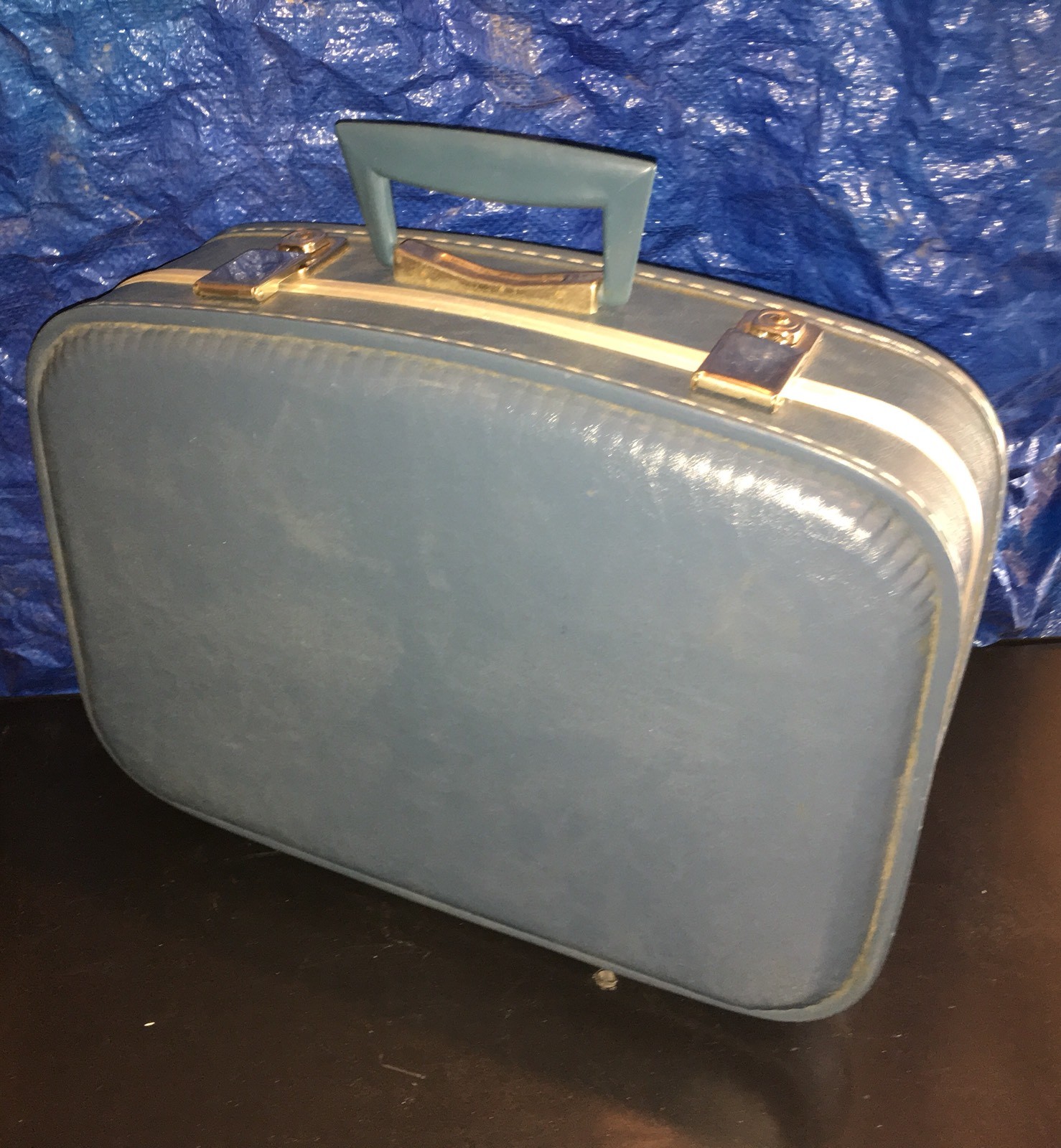 Vintage Blue Suitcase Train Case Travel 17”x12”x5”