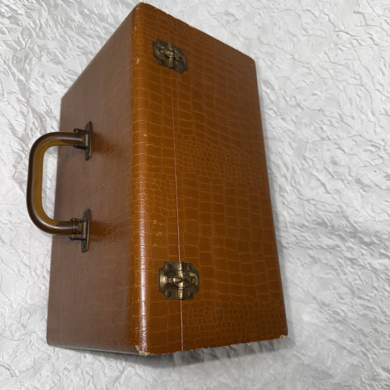 Vintage 50’s 60’s 13” Lucite Handle Brass Travel/Storage Case Faux Alligator