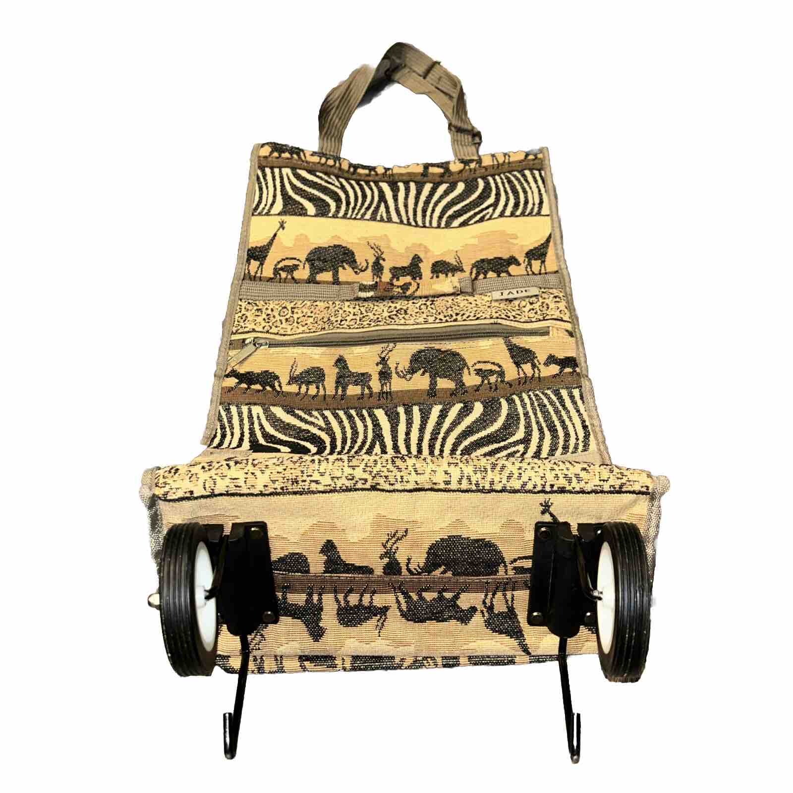 Vintage Large Jade Tapestry Rolling Bag Tote Foldable Collapsible Wheels Safari