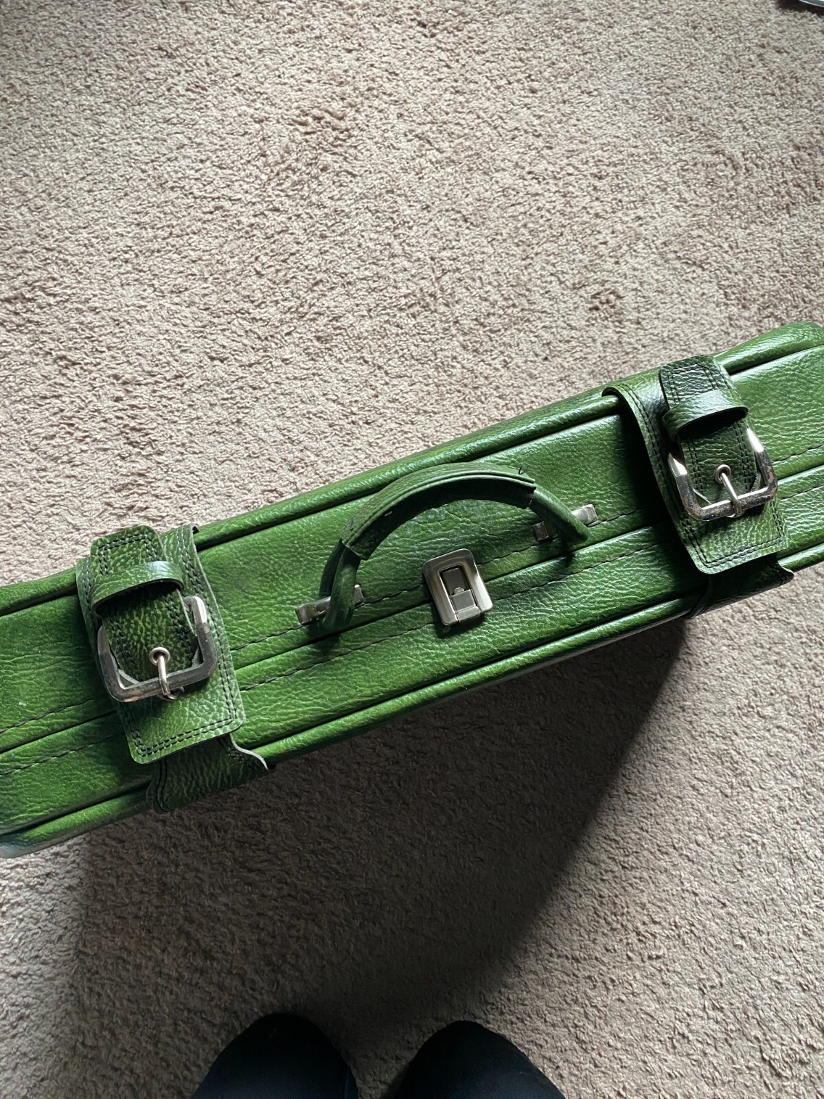 True 1970s Vintage Green Suitcase, Double Buckle, Fleur de lis Lining, Very Good