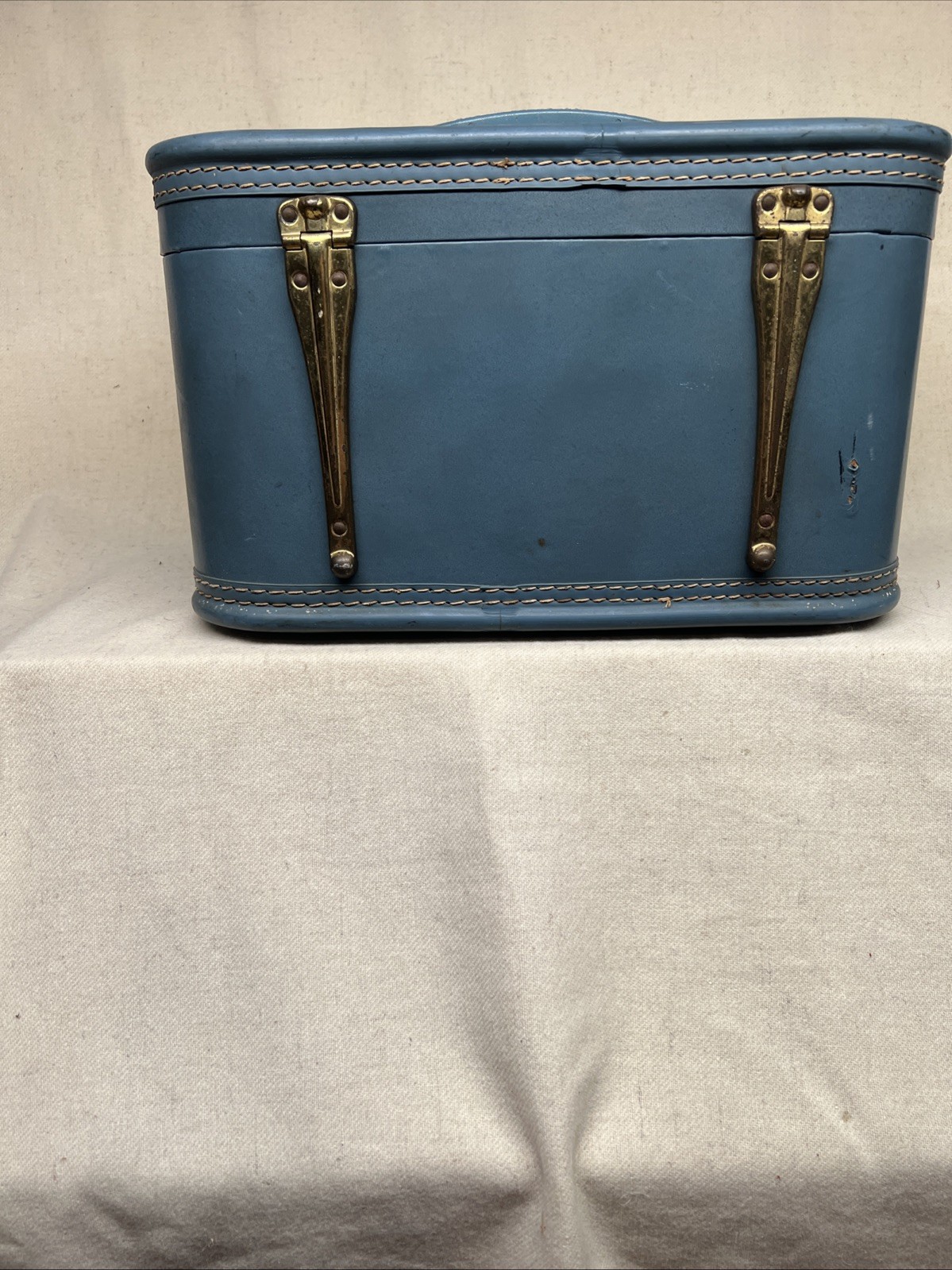 Vintage Blue Travel Joy Train Case with Brass Hardware, No Key, Some Damage