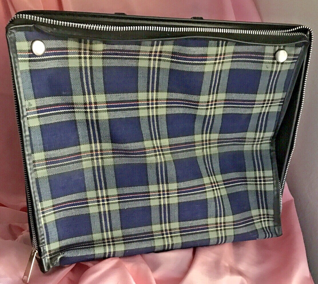 Vintage Travel Storage Suitcase Blue Plaid Fabric Vinyl Lined 2 Zipper w Handle