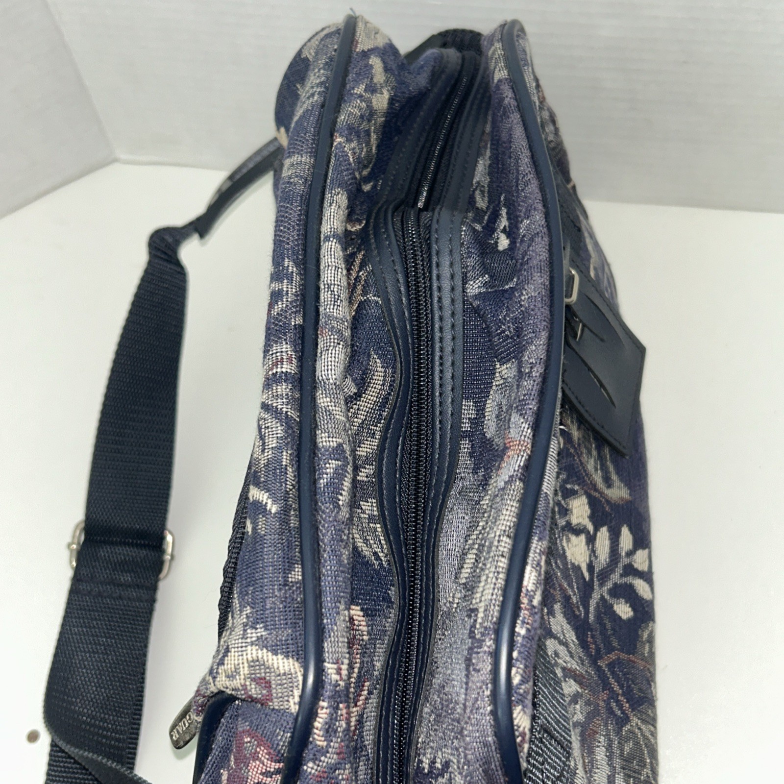Vintage Jaguar Tapestry Floral Carry On Luggage Shoulder Travel Bag Purse Blue