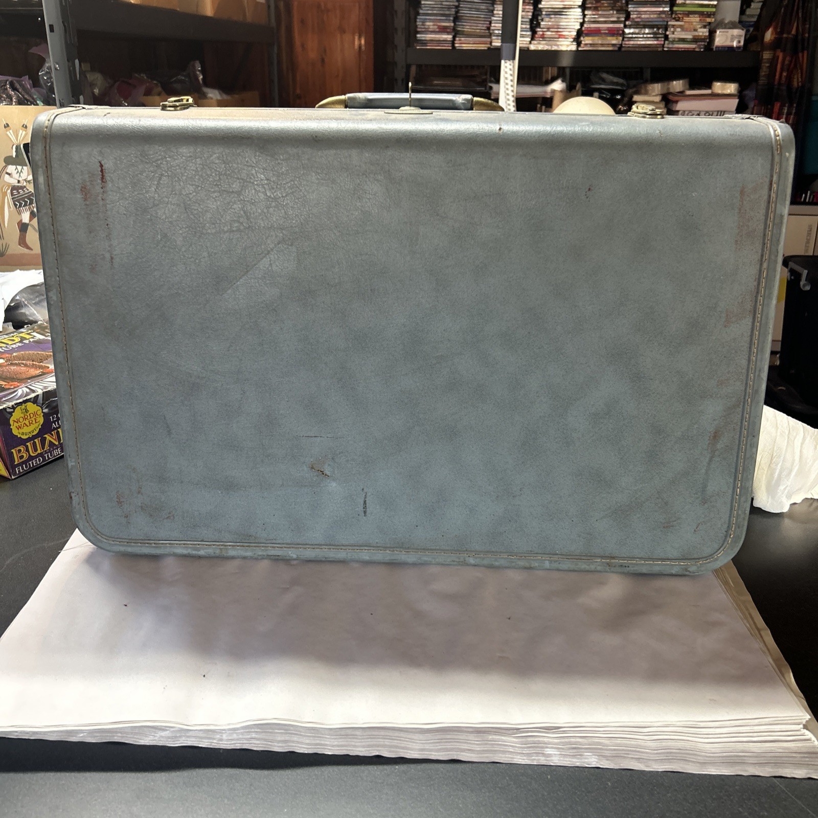 Vtg 1950 Taperlite Hard Shell Blue Gray Vinyl Luggage Set Locking 2 Piece W/Key