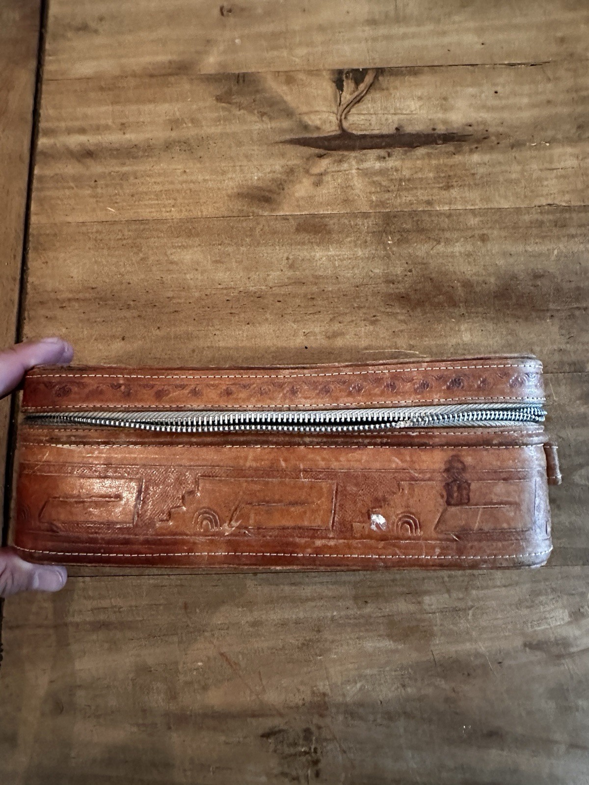 True Vintage Hand Tooled Zipper Leather Train Case Cosmetic Bag