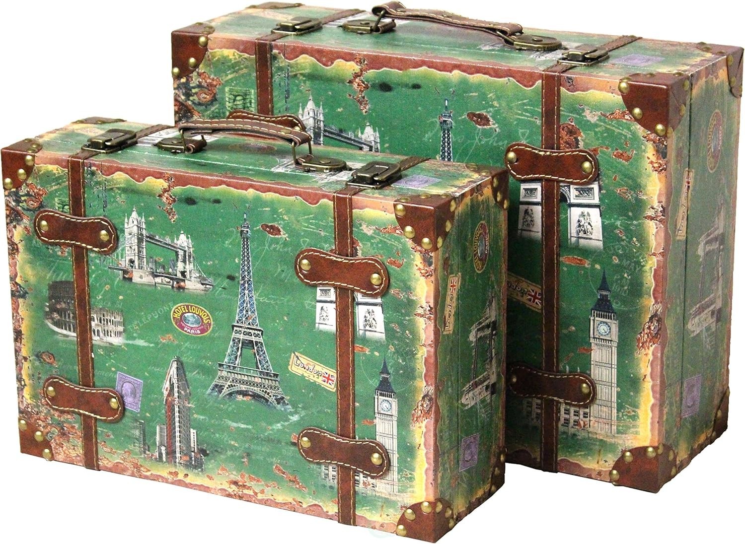 Vintage Style Wooden European Landmarks Luggage Suitcases Set of 2